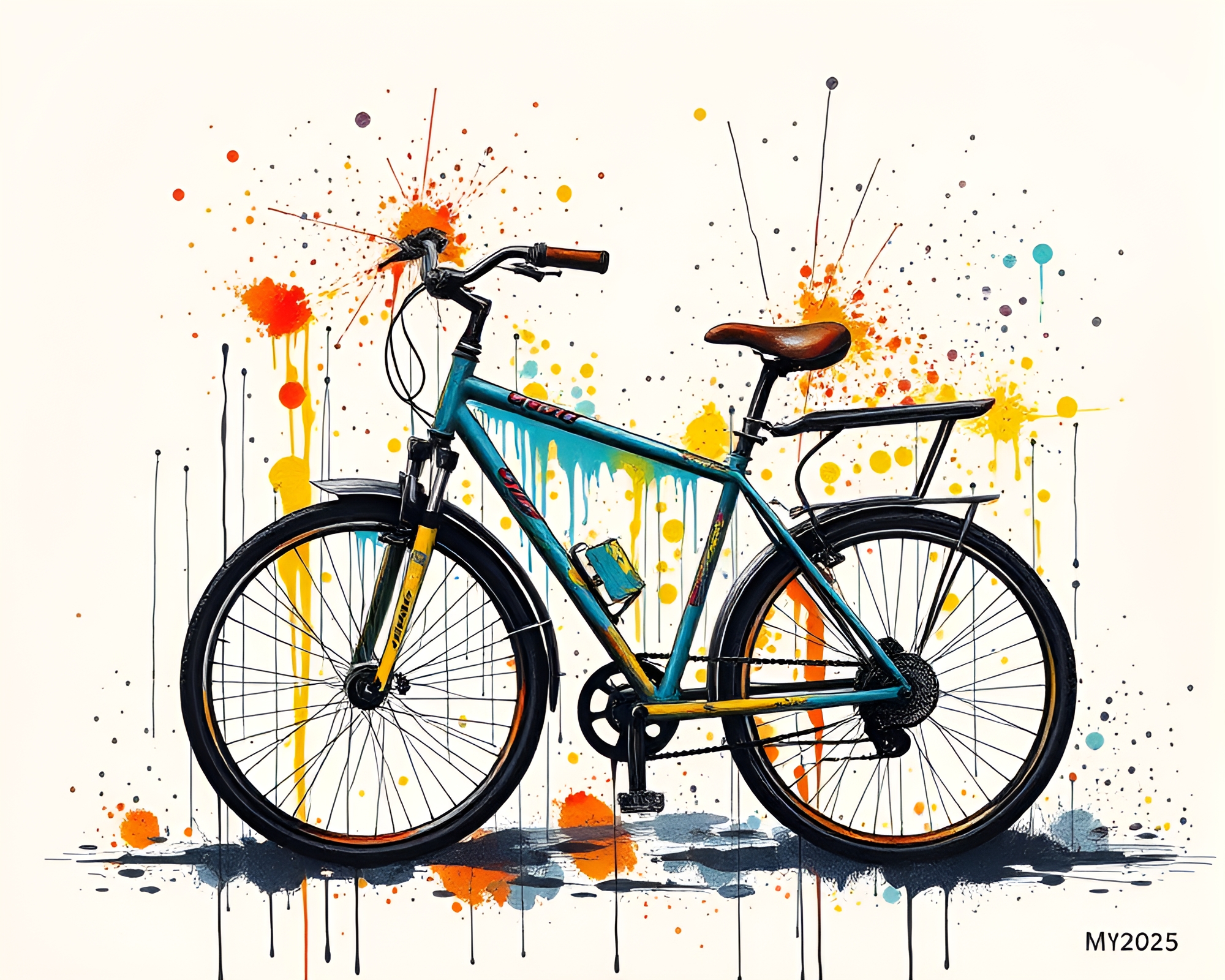 Solar-Powered Bike in Ink Wash Drips – free AI stock image