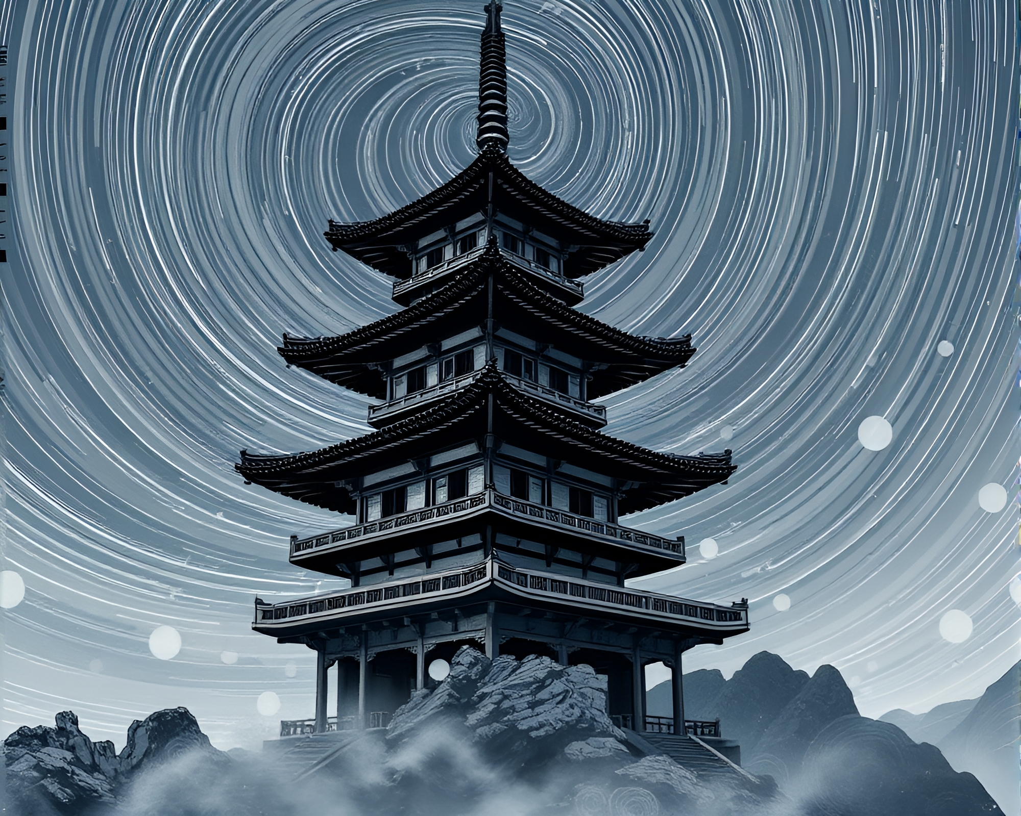 Swirling Milky Way Pagoda in Contouring Scratch Textures – free AI stock image
