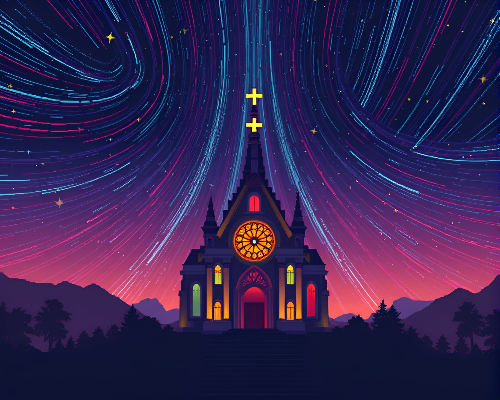 Pixel art temple glowing under star trails light