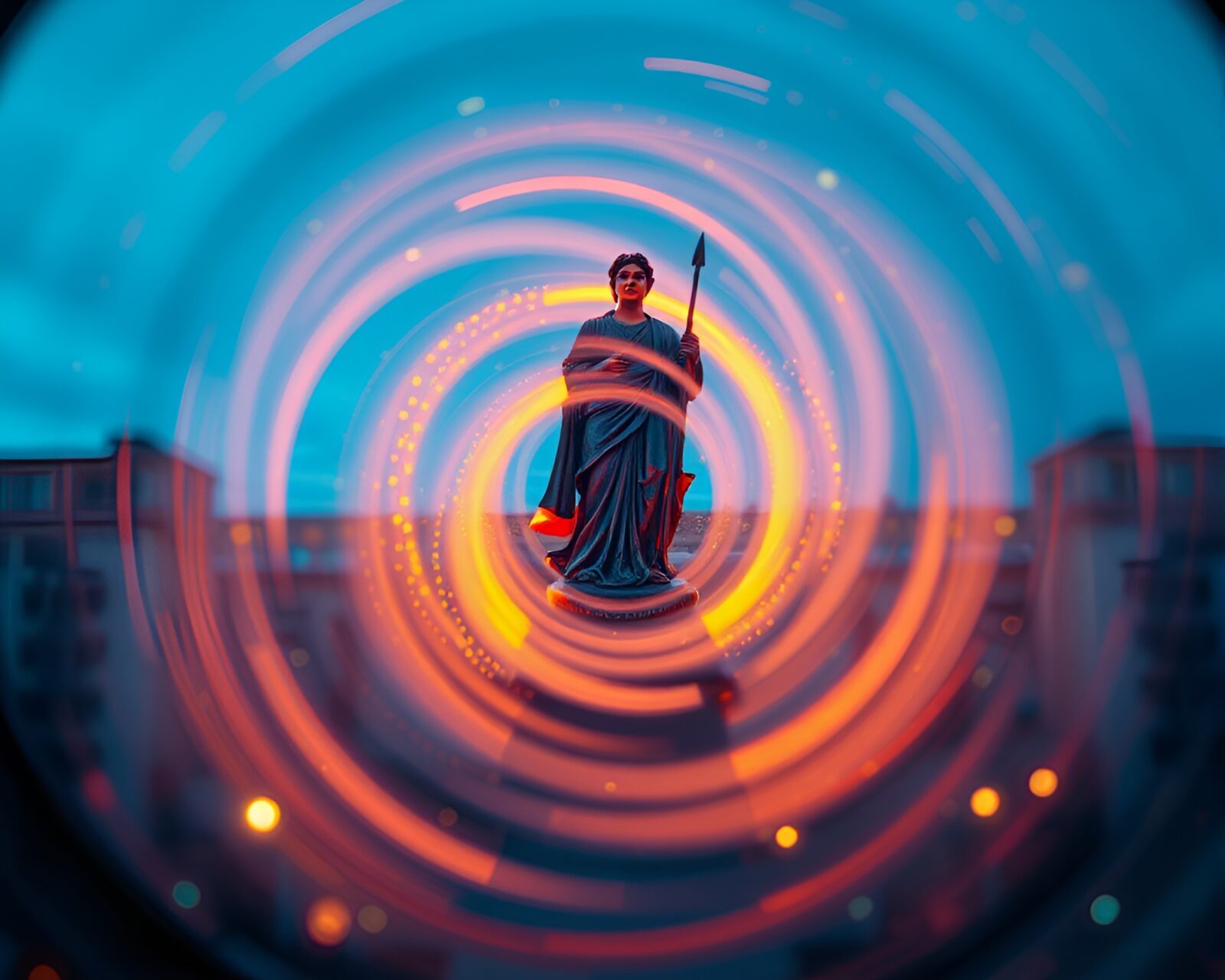 Statue with technical lighting and swirling distortion effect.