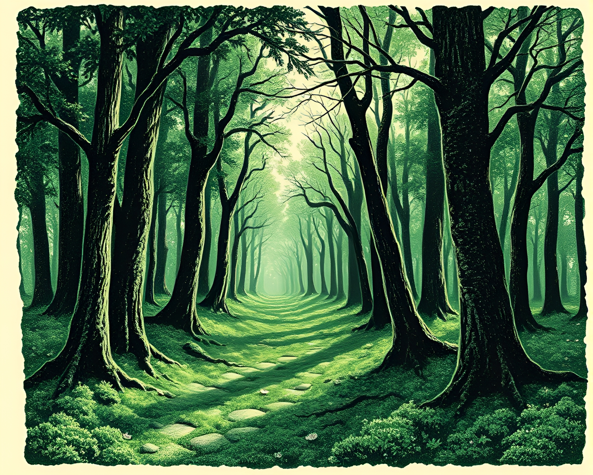 Enchanted Geometry: Textured Linocut Forest – free AI stock image