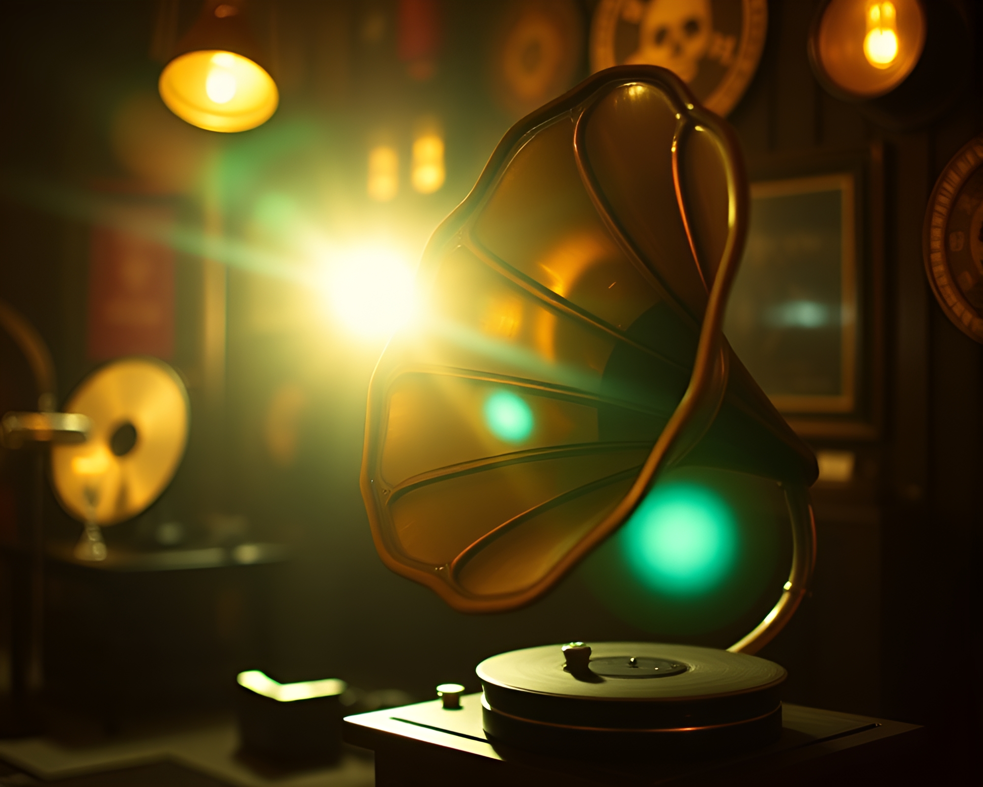 Steampunk Gramophone in Lens Flare Cinemagraph – free AI stock image