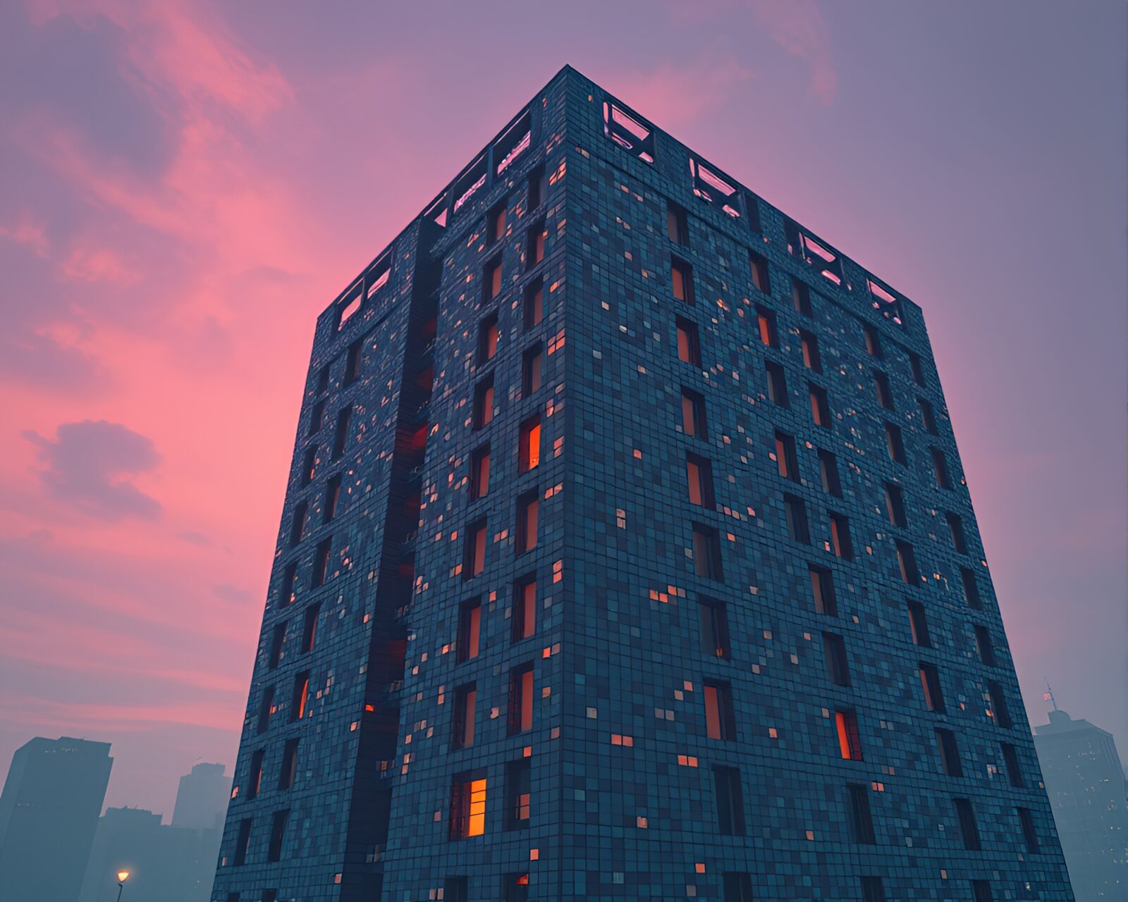 A futuristic, surreal CGI render of a Brutalist building in a tiled mosaic pattern during twilight
