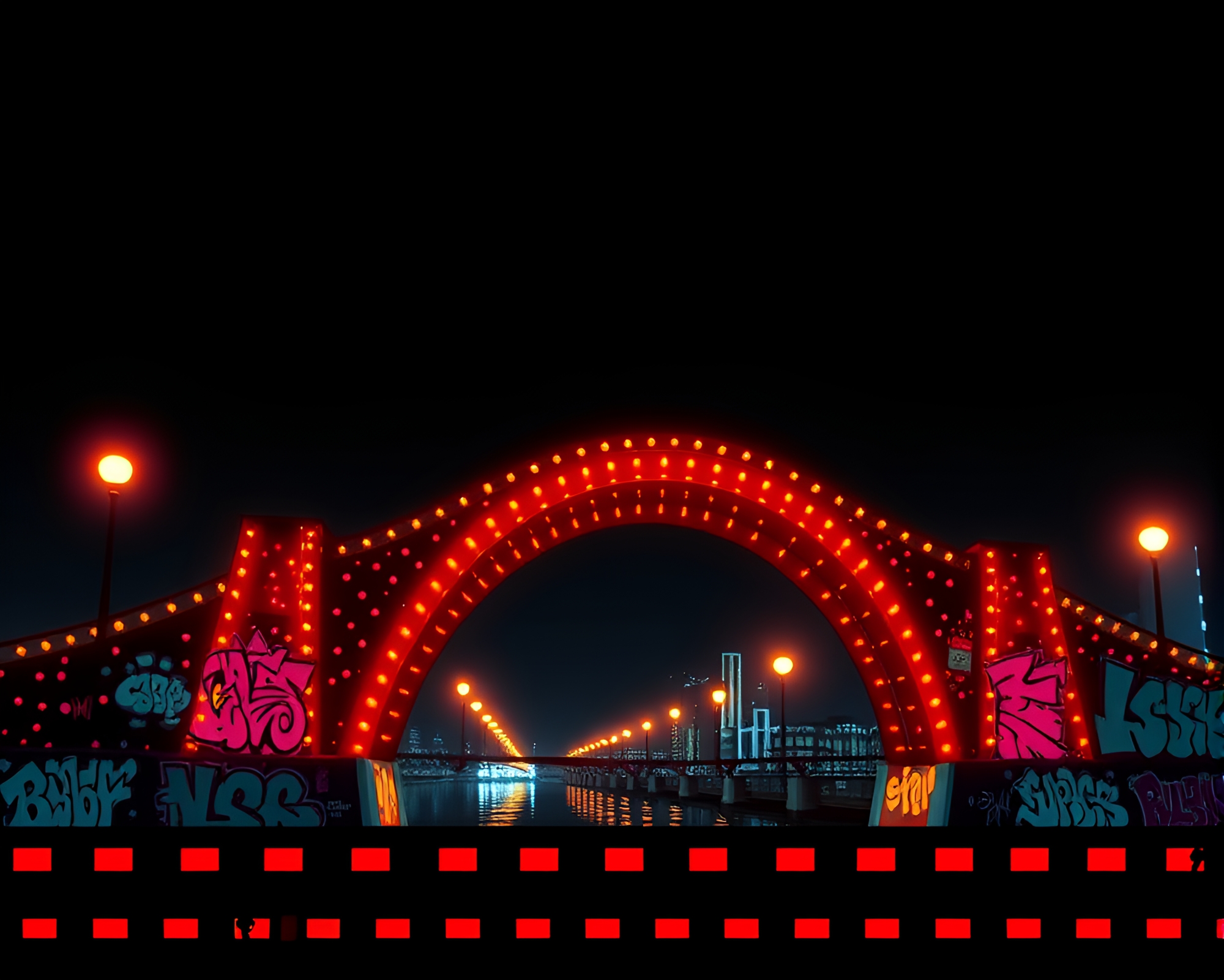 Neon Graffiti Arch Bridge Pointillist Film Strip – free AI stock image