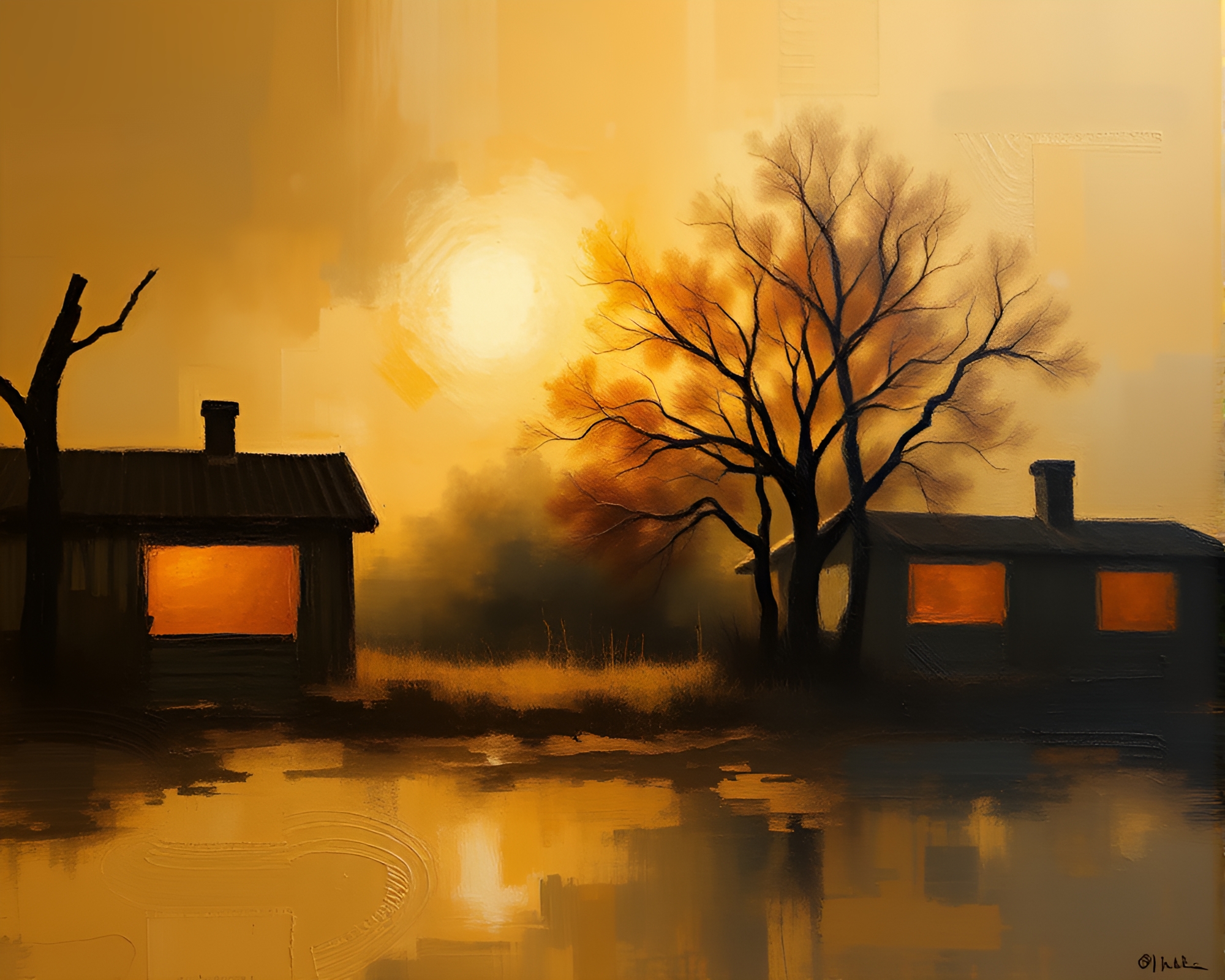 Enigmatic Forest at Golden Hour Oil Painting – free AI stock image