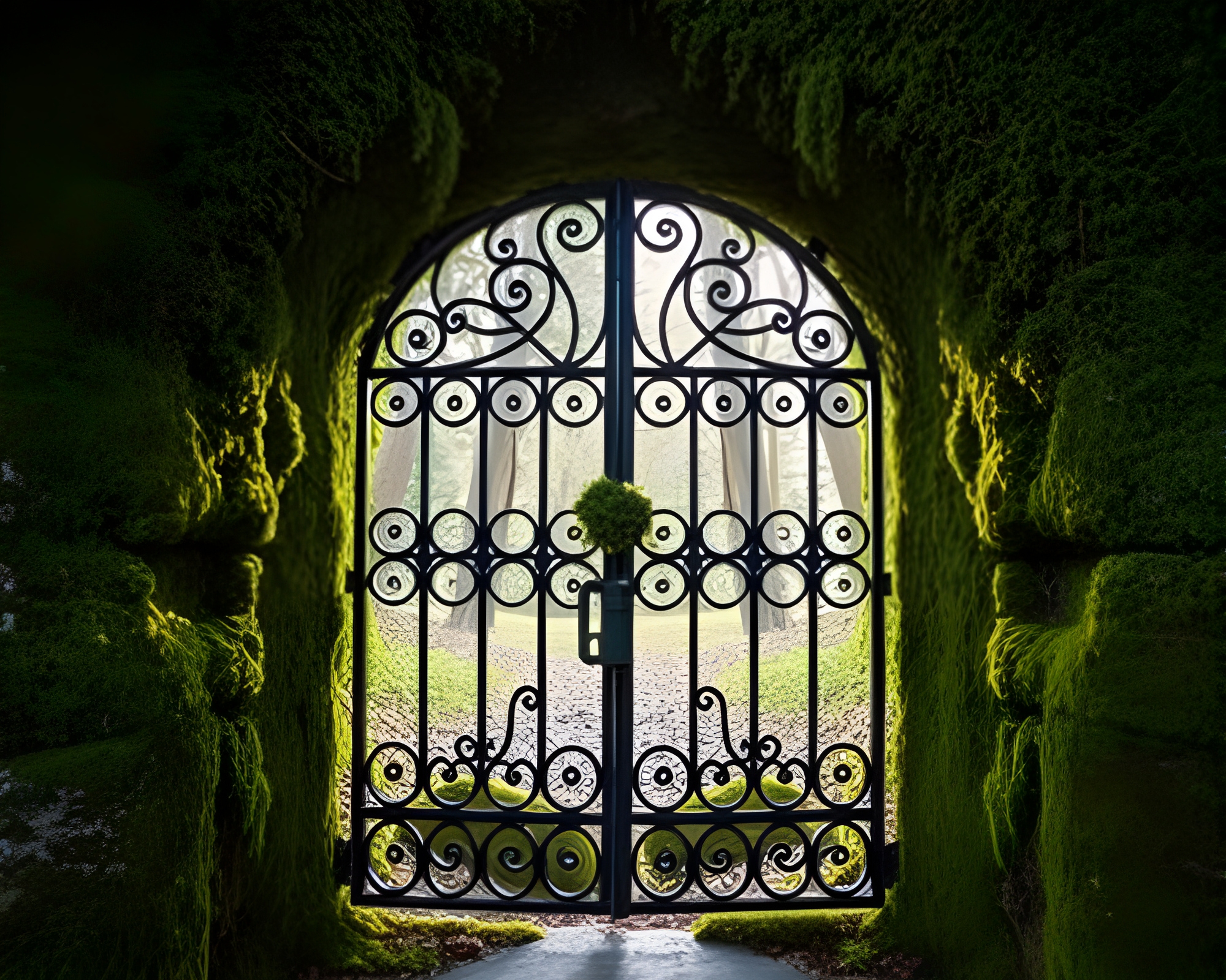 Enchanted Moss-Covered Iron Gate With Kaleidoscope Lighting – free AI stock image