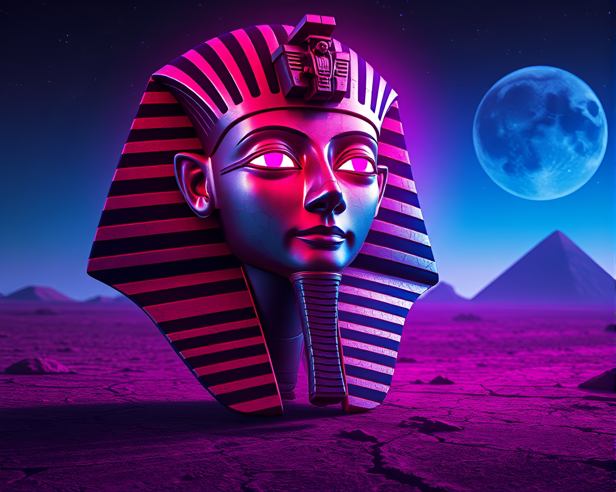 Synthwave Pharaoh’s Mask in Cracked Earth Landscape – free AI stock image