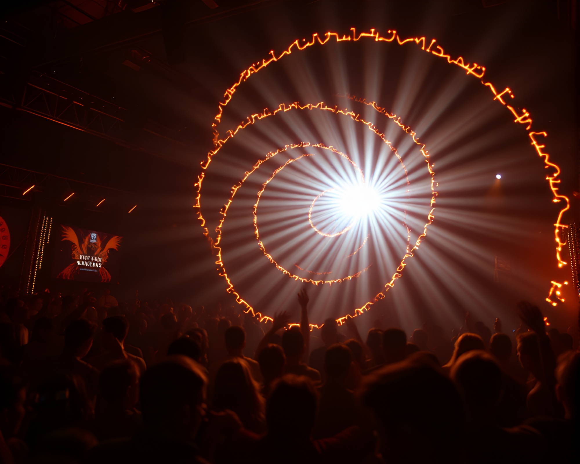 Fibonacci Spiral Time Traveler in Golden Hour Strobe Club – free AI stock image