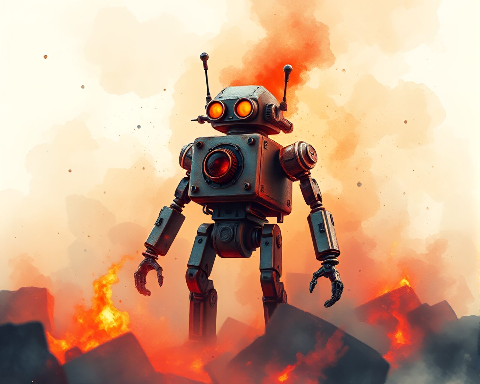 A steampunk robot surrounded by floating embers in voxel art style