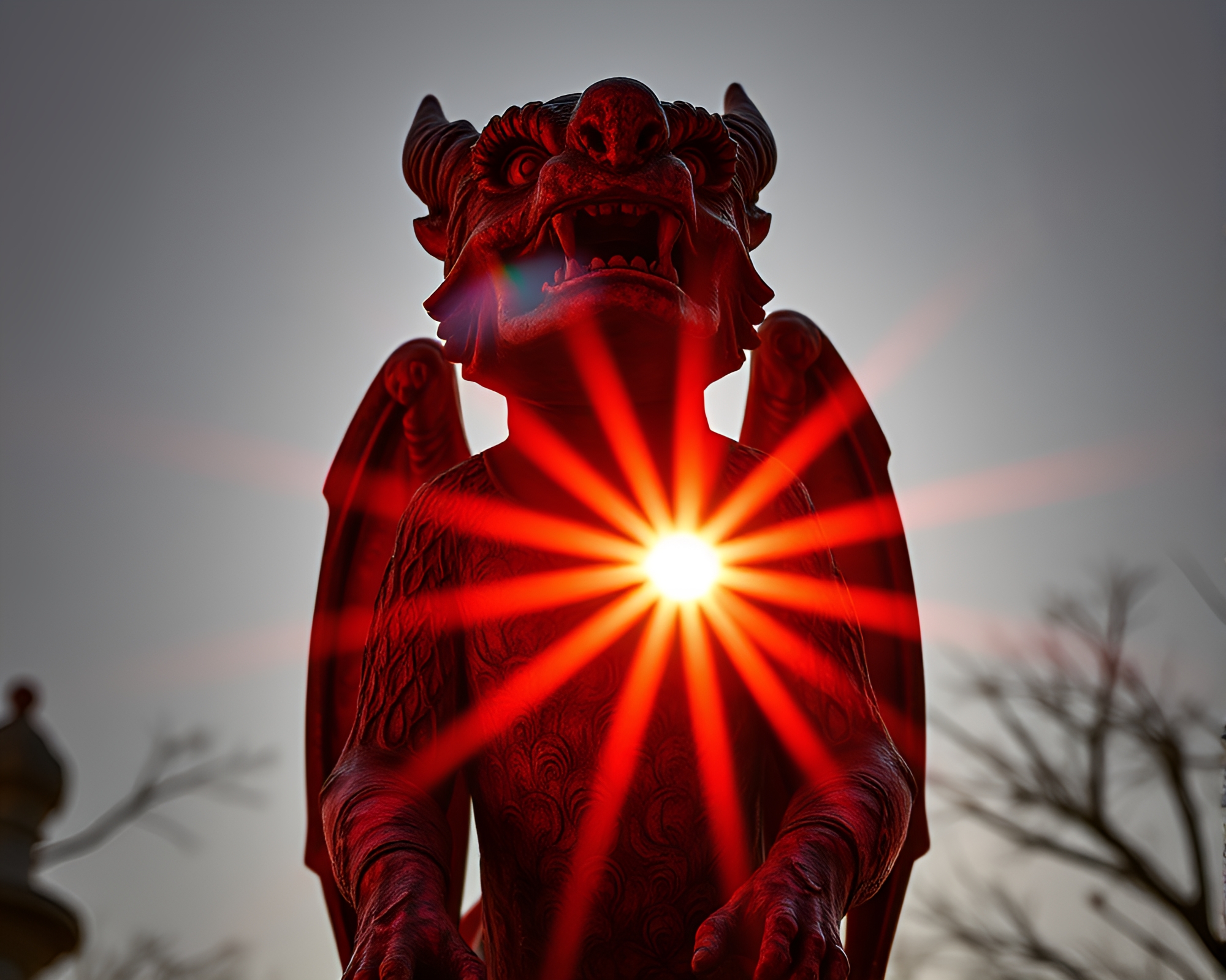 Sunlit Gargoyle Statue in Brick Red Twilight – free AI stock image