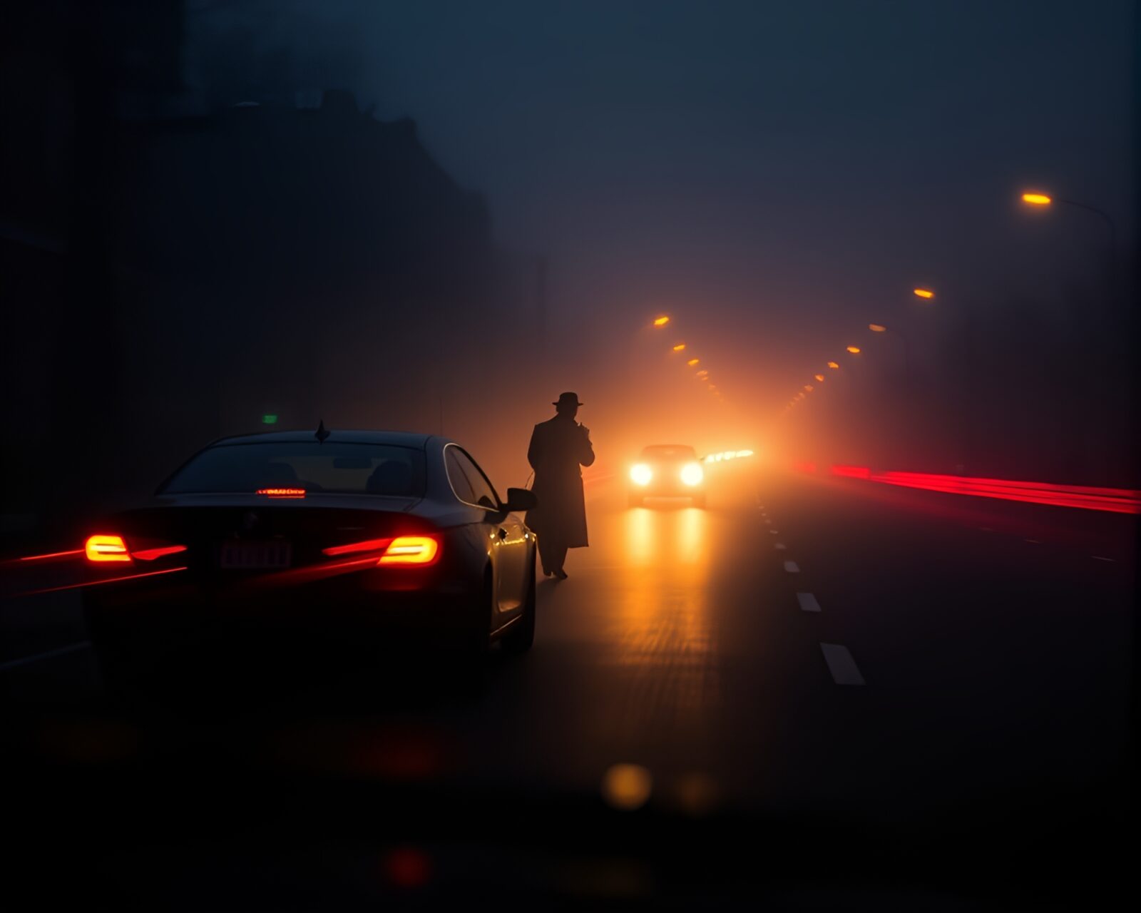 Mysterious figure in foggy light trails