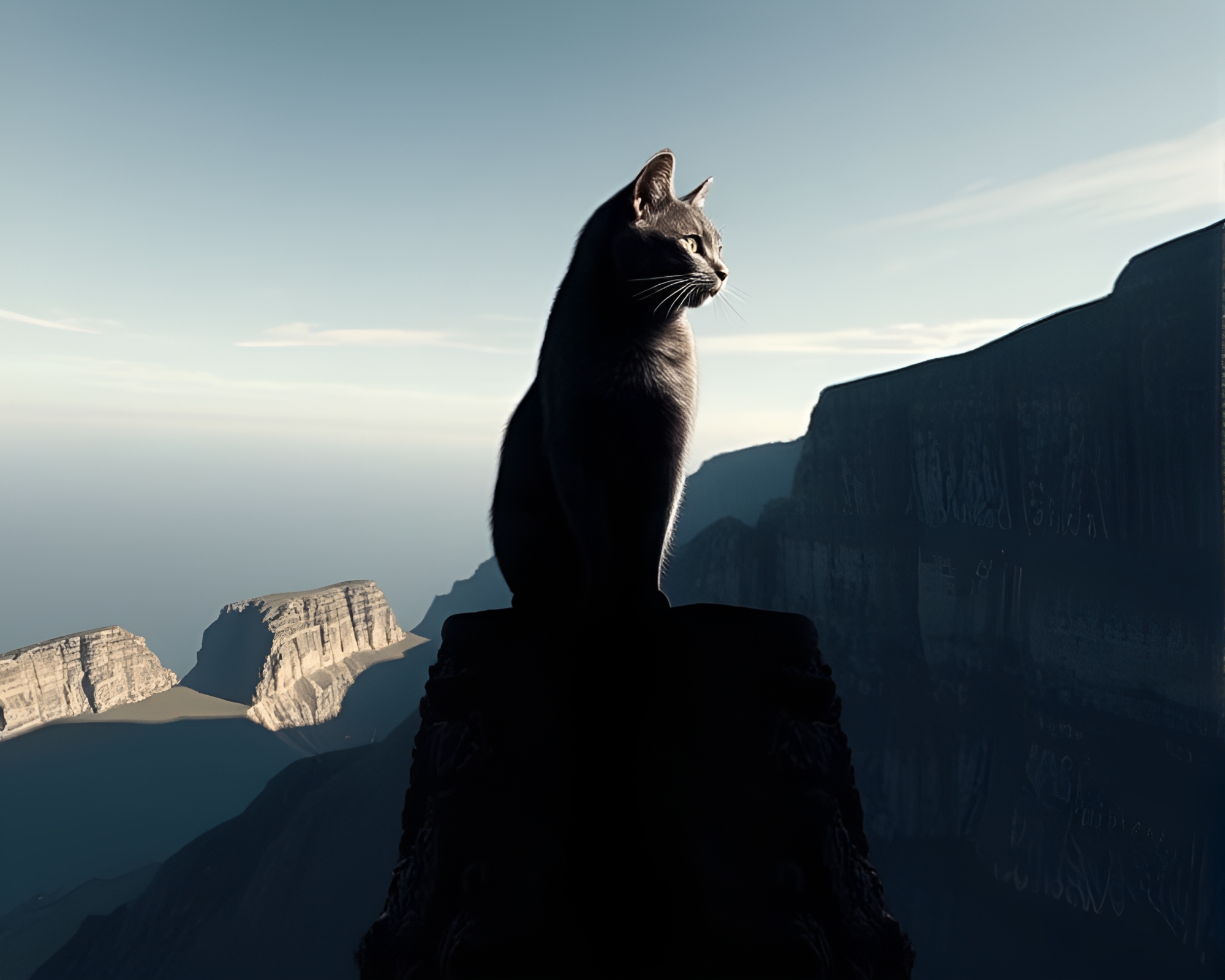 Quantum Cat Reflection on Skeuomorphic Cliffside – free AI stock image