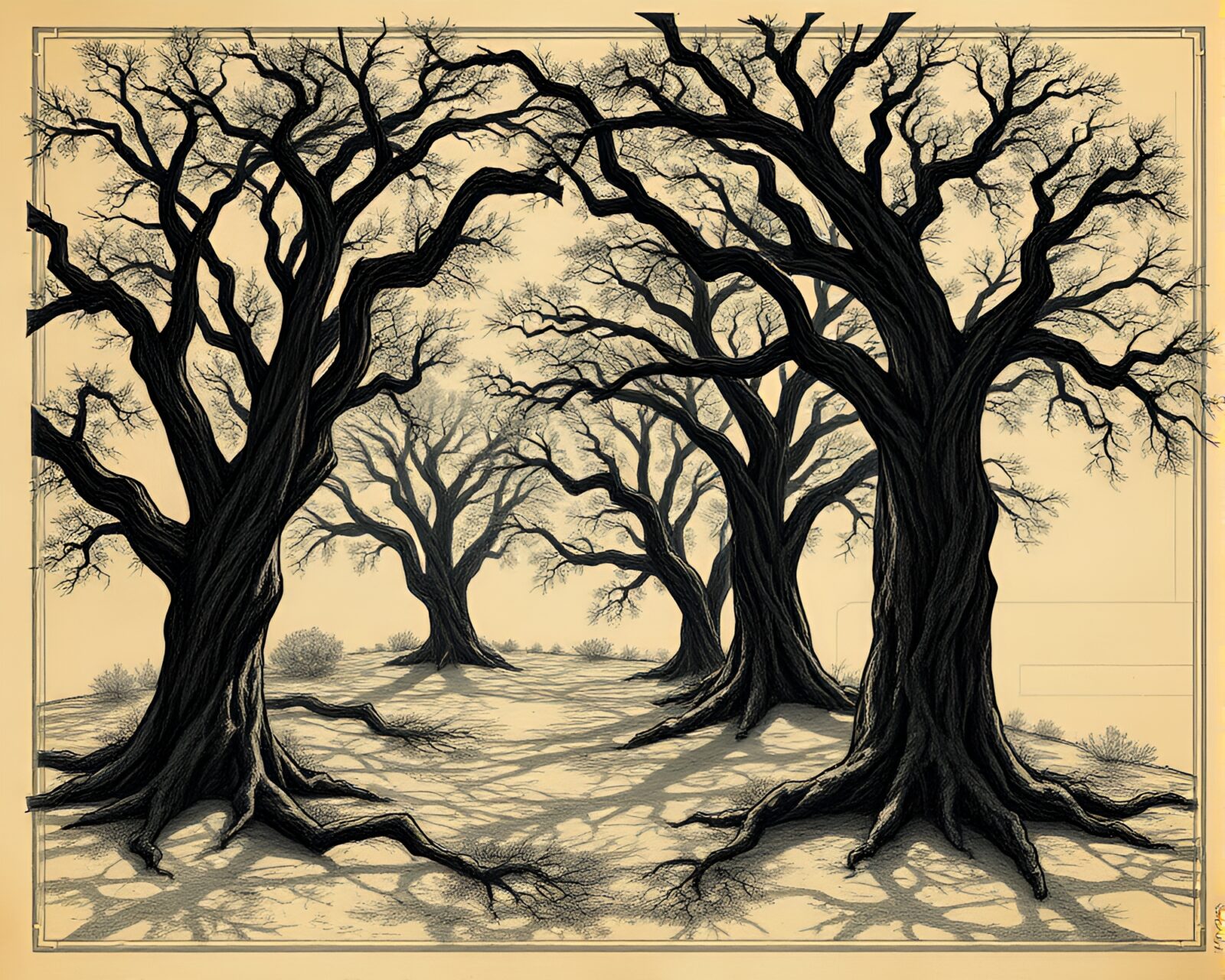 Ancient grove with mystical spiraling composition in hard shadows