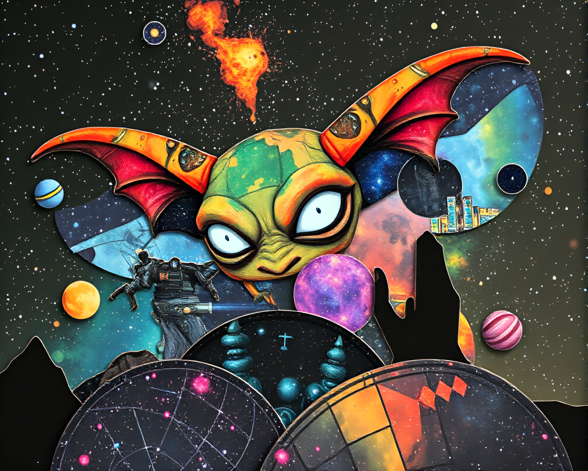 Galactic Goblin Collage Cutouts in Telephoto Photography – free AI stock image