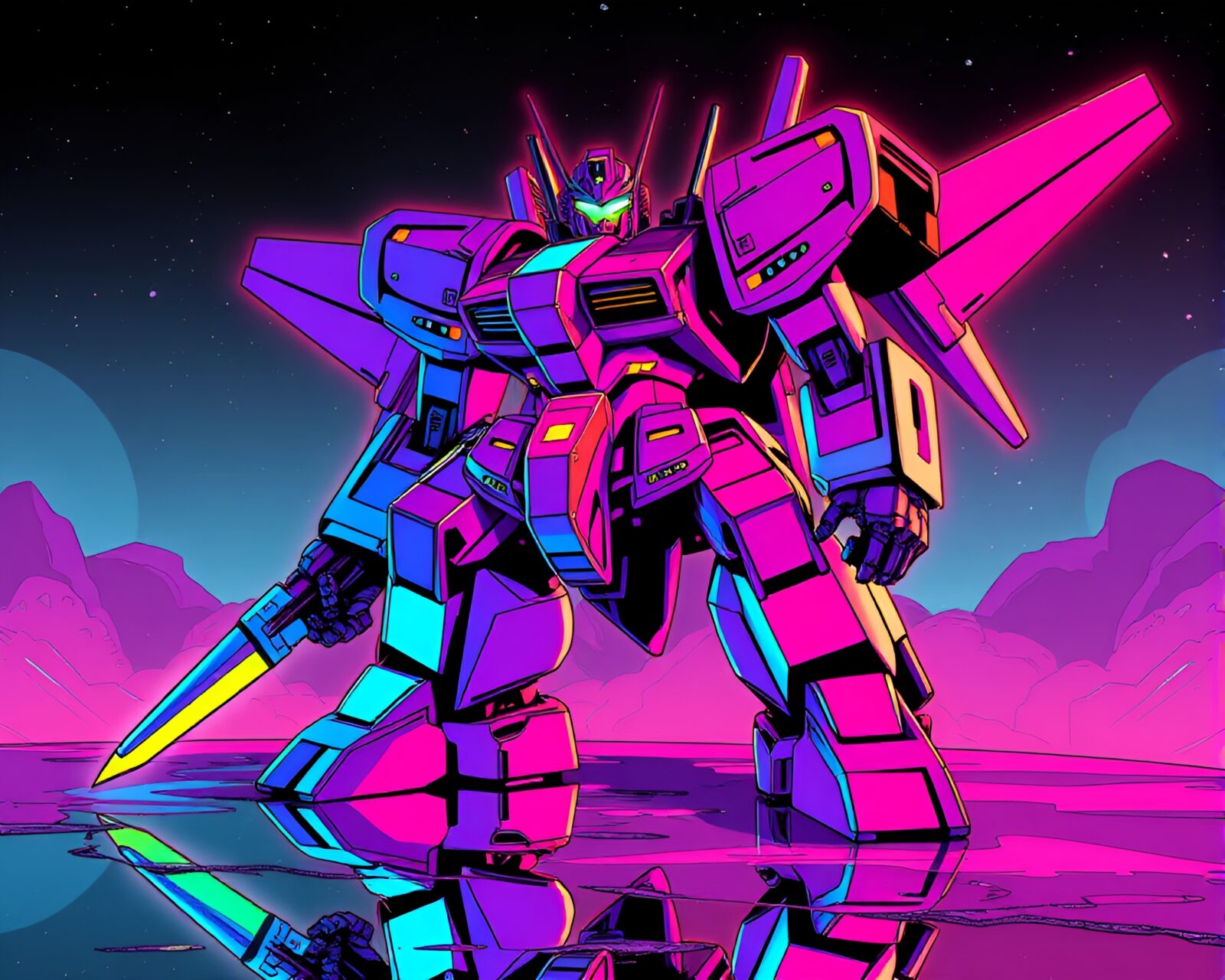 Comic book style mech battle reflecting triadic colors.