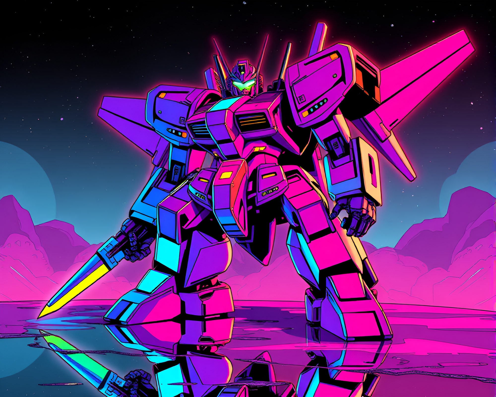Mech Battle Reflections in Triadic Colors – free AI stock image