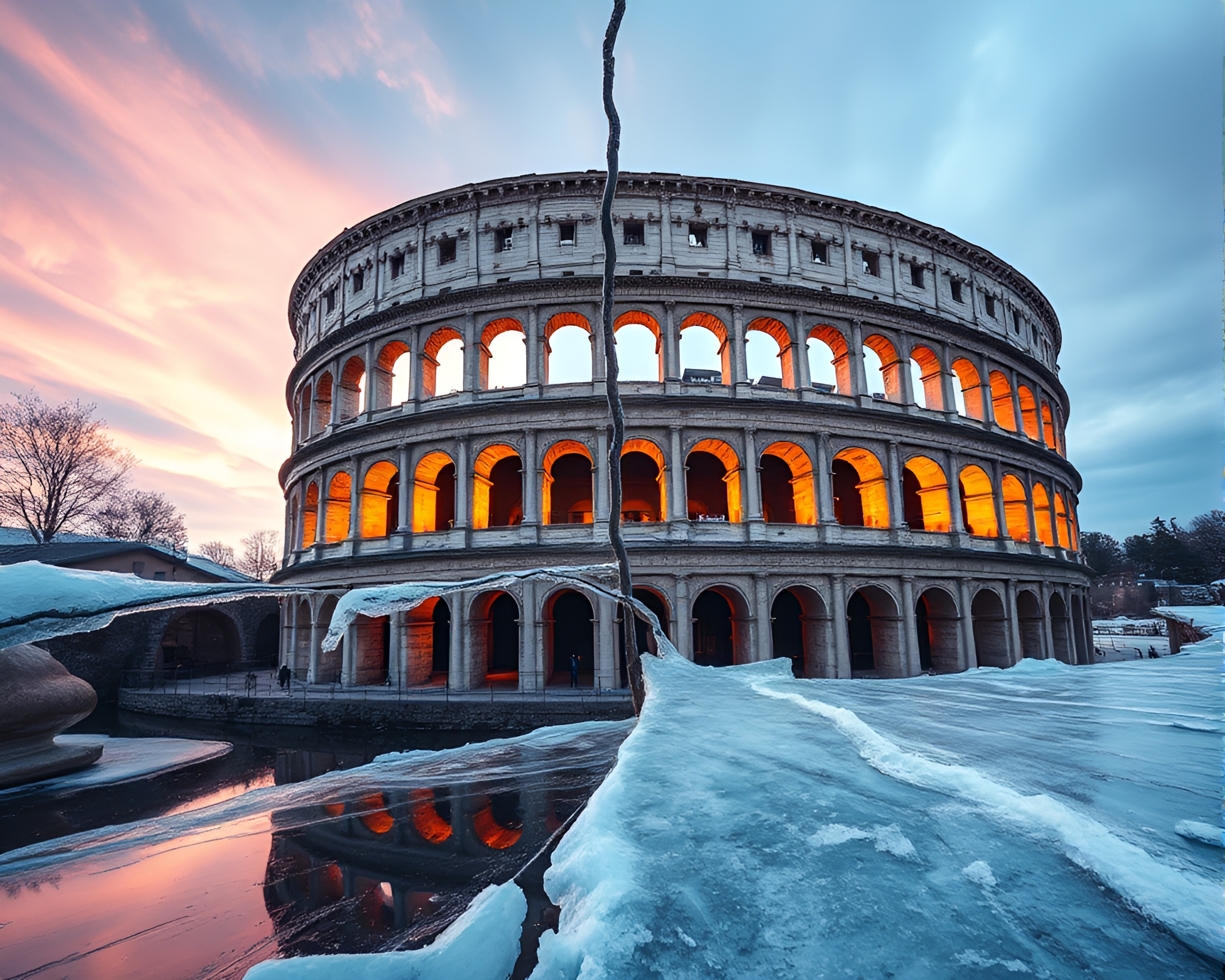 Ice Reflections of Roman Coliseum in Matte Vignette – free AI stock image