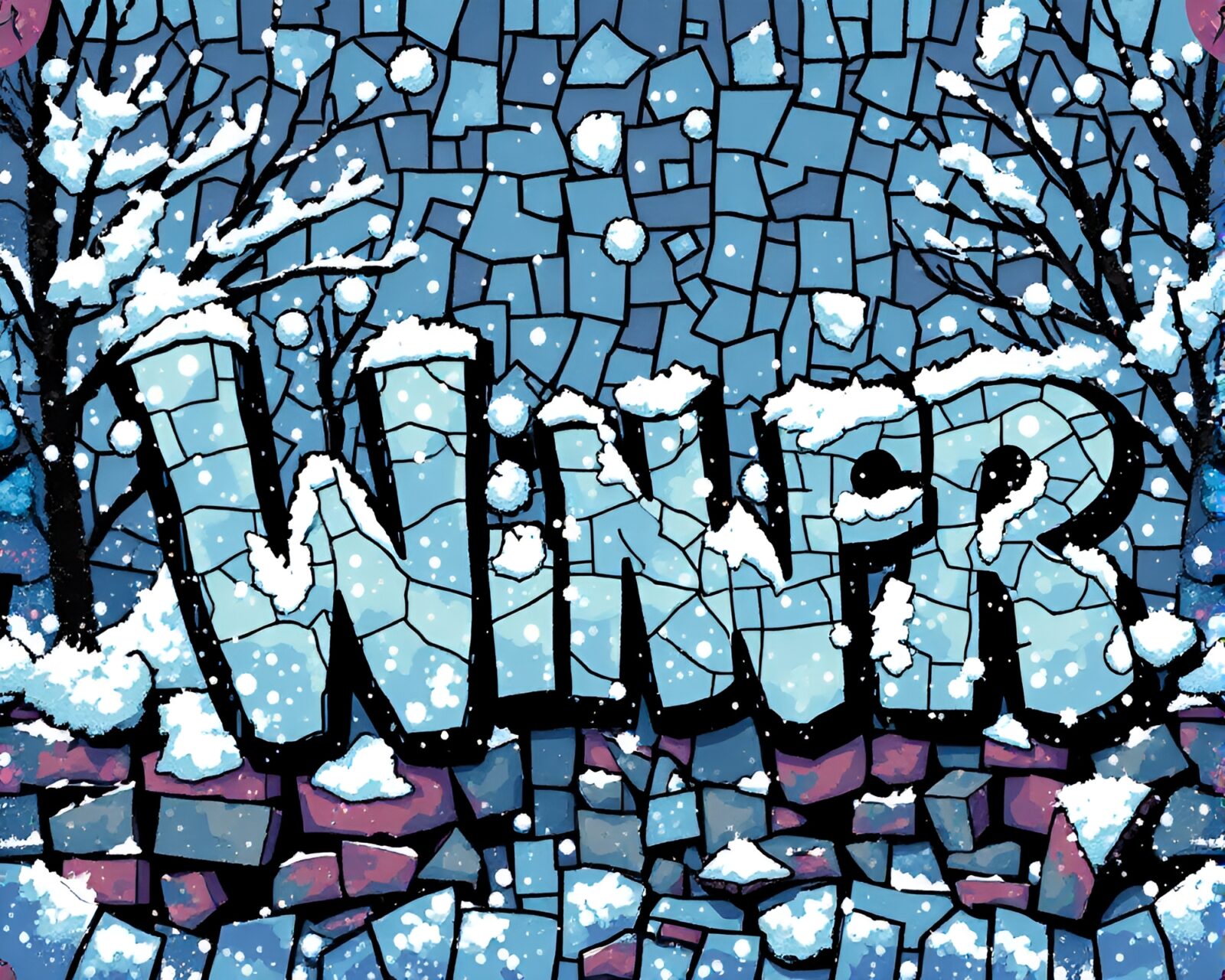 Colorful broken mosaic pieces in snow-covered 8-bit style