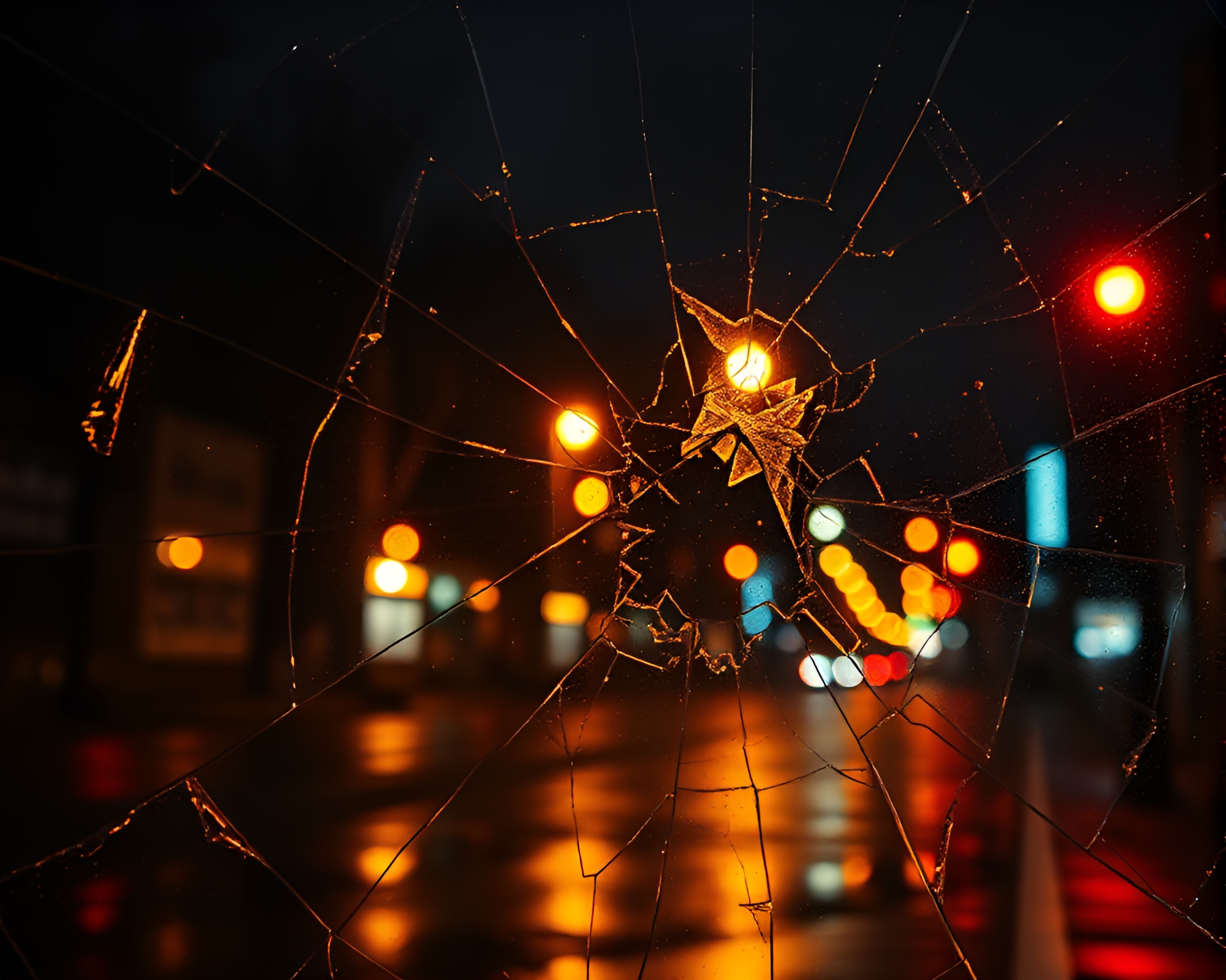 Cyborg Reflection in Broken Glass Streetlamp Glow – free AI stock image