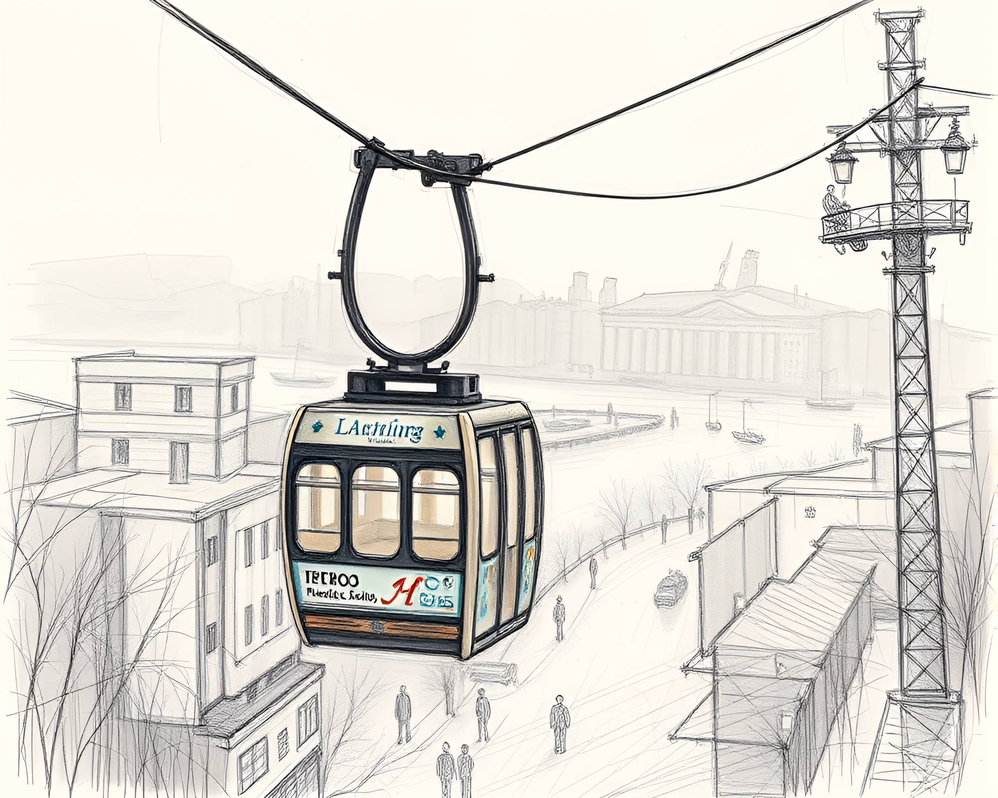 Surreal Bronze Gondola Lift Sketch with Scan Lines – free AI stock image