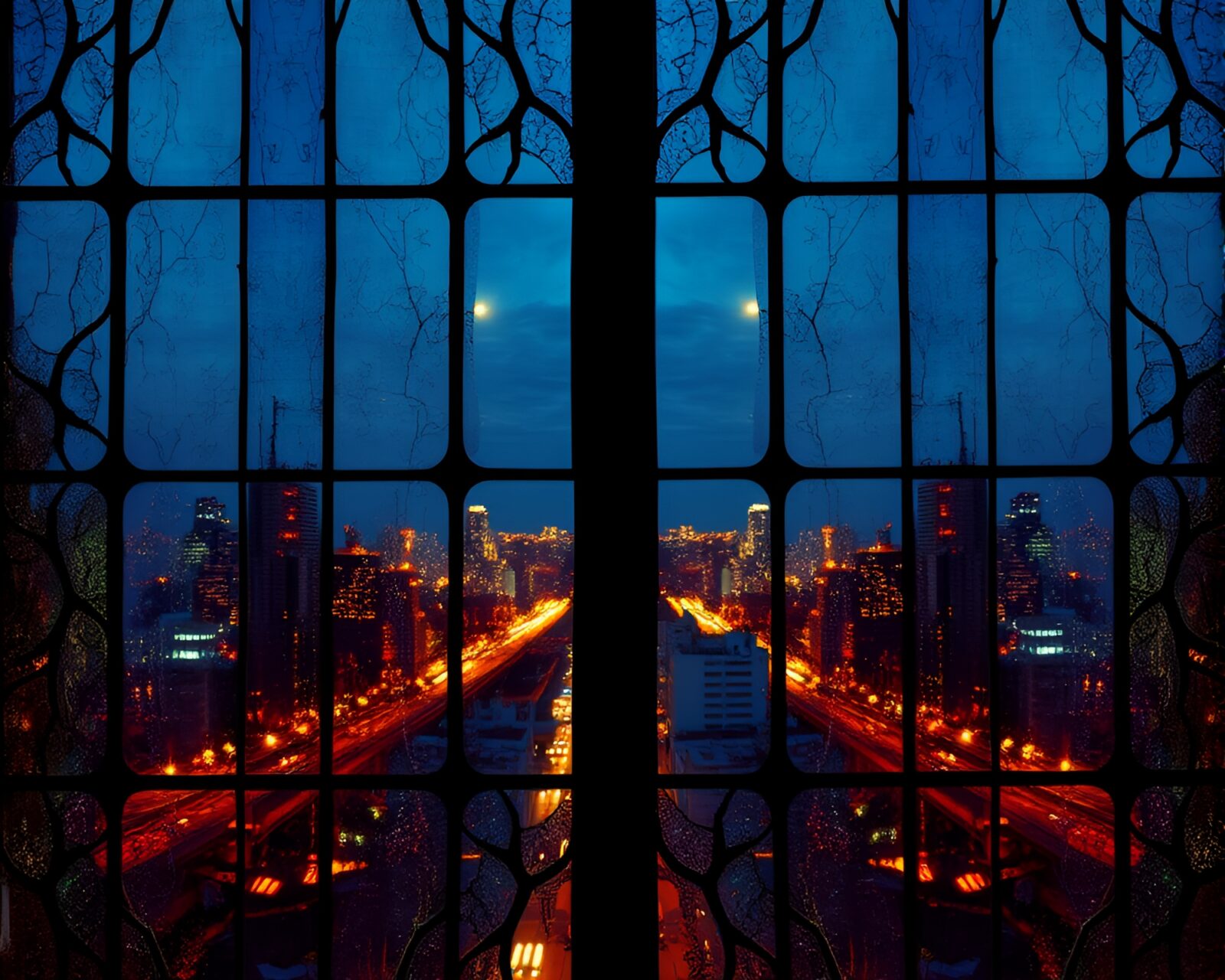 Surreal stained-glass cityscape illuminated by vibrant lights at night