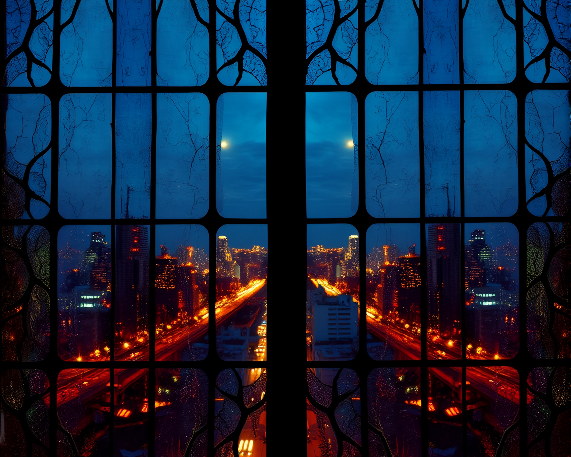 Surreal Cityscape: Stained-Glass Night Sky Symphony – free AI stock image
