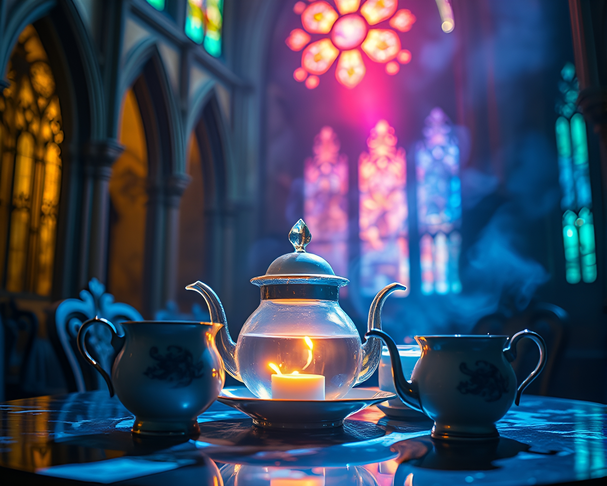 Enchanting Tea Party in Cathedral Light Art – free AI stock image