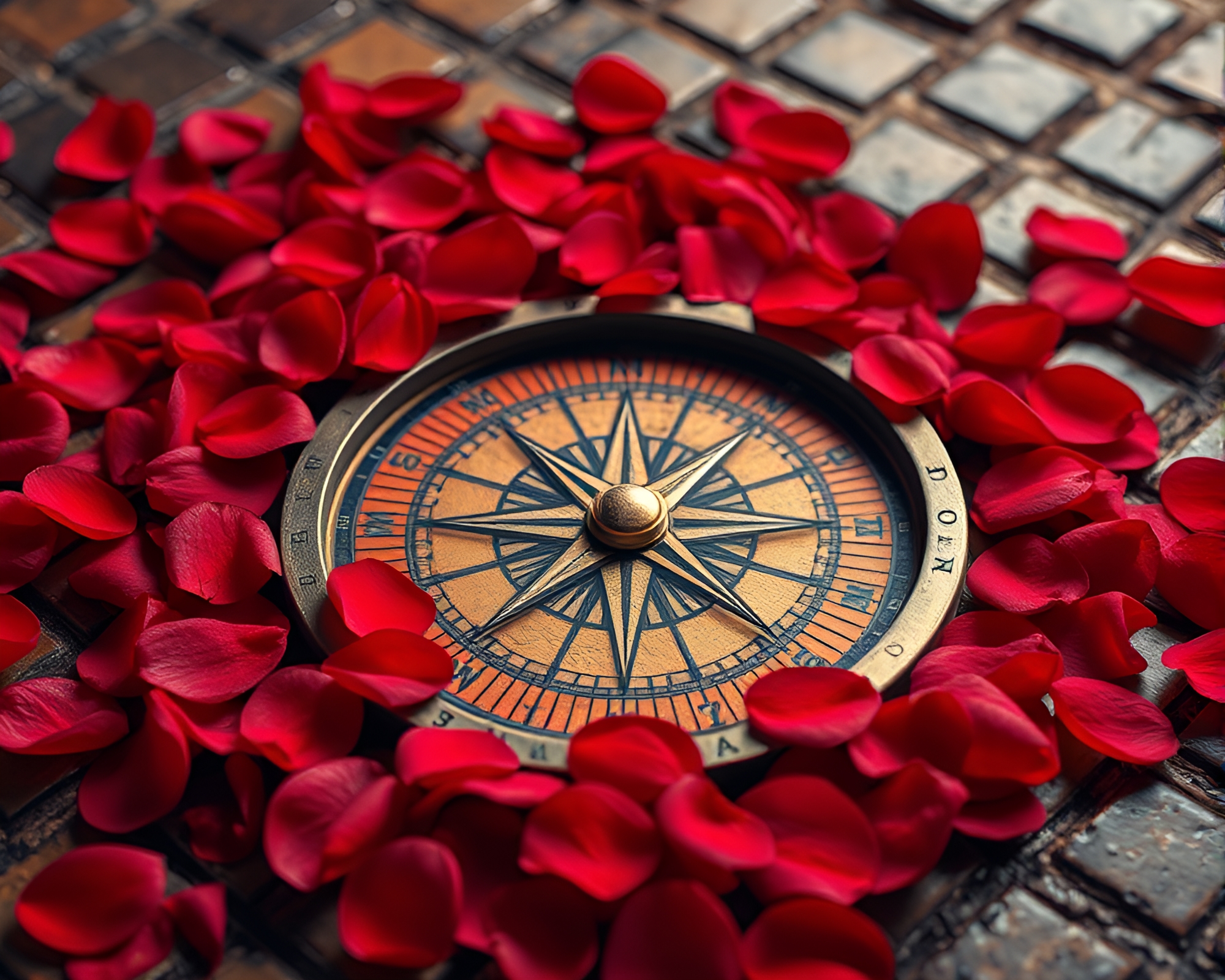 Antique Compass Surrounded by Vivid Flower Petals – free AI stock image