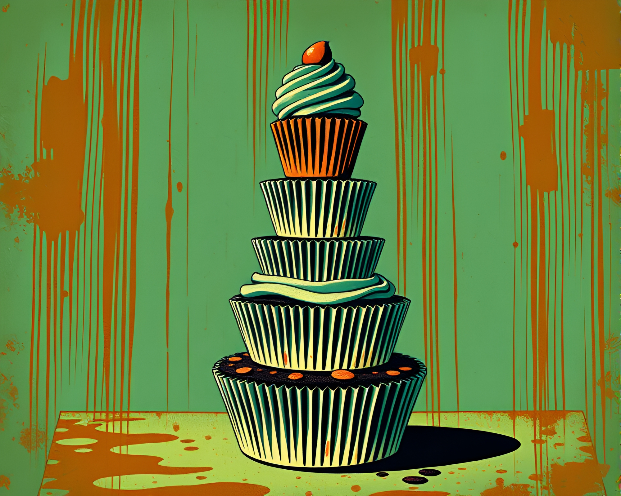 Rust-Stained Cupcake Tower in Comic Book Style – free AI stock image