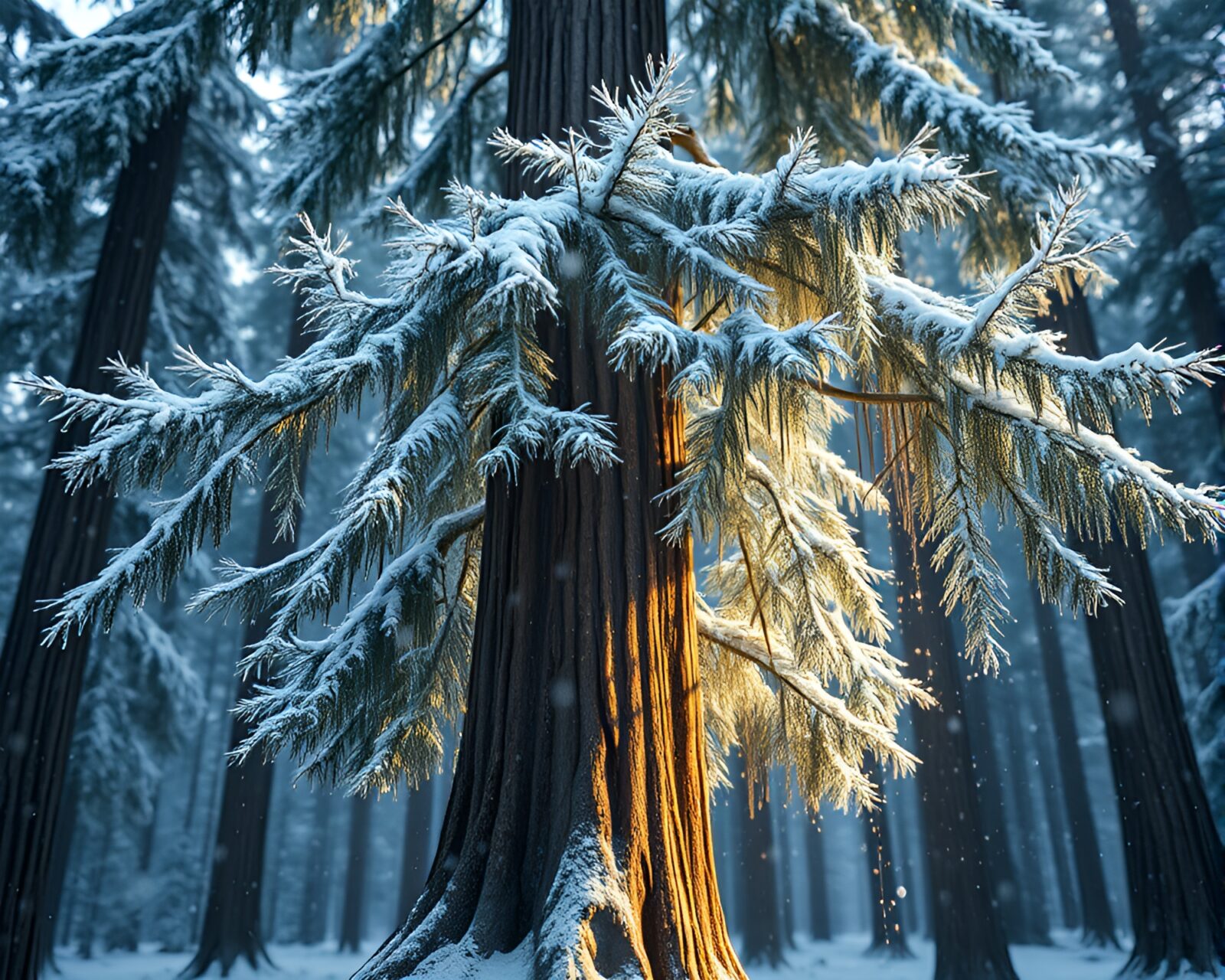 A surreal wireframe illustration of a redwood tree covered in snow-kissed water droplets