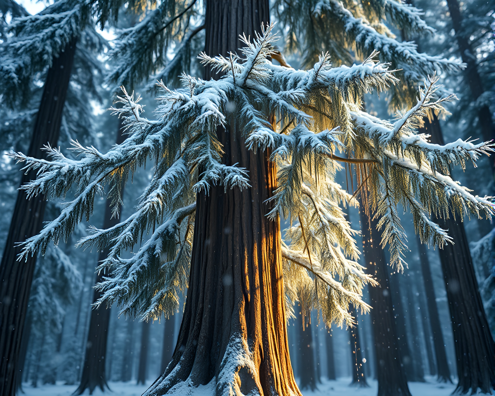 Ethereal Wireframe Redwood Tree with Snow-Kissed Droplets – free AI stock image