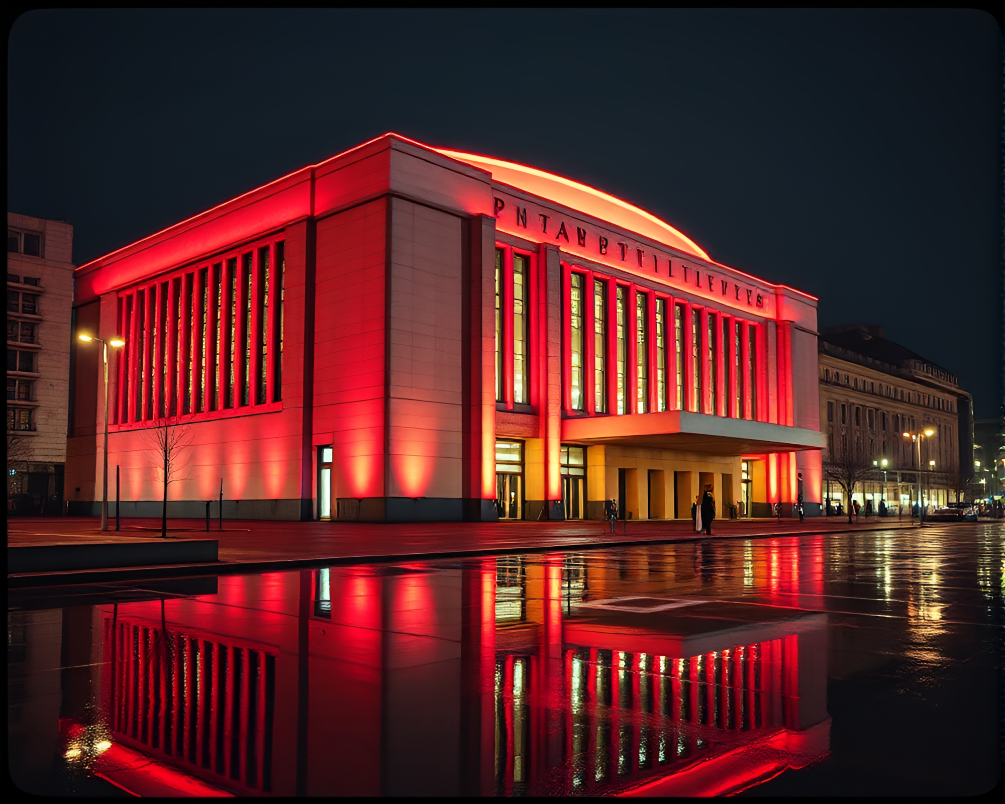 Brutalist Architecture Reflecting Opera-House Glow – free AI stock image