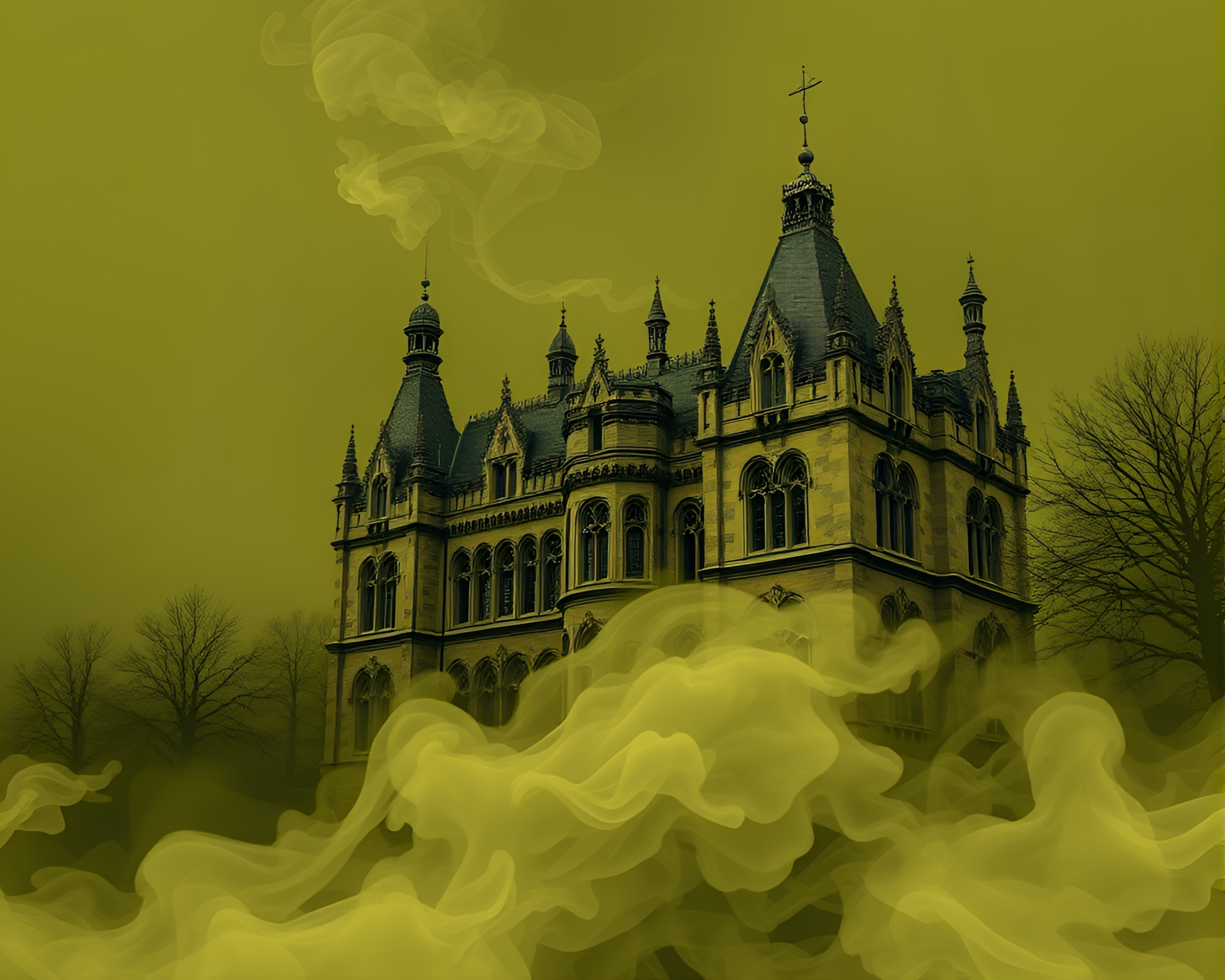 Ethereal Smoke Swirls Around Neo-Gothic Mansion – free AI stock image