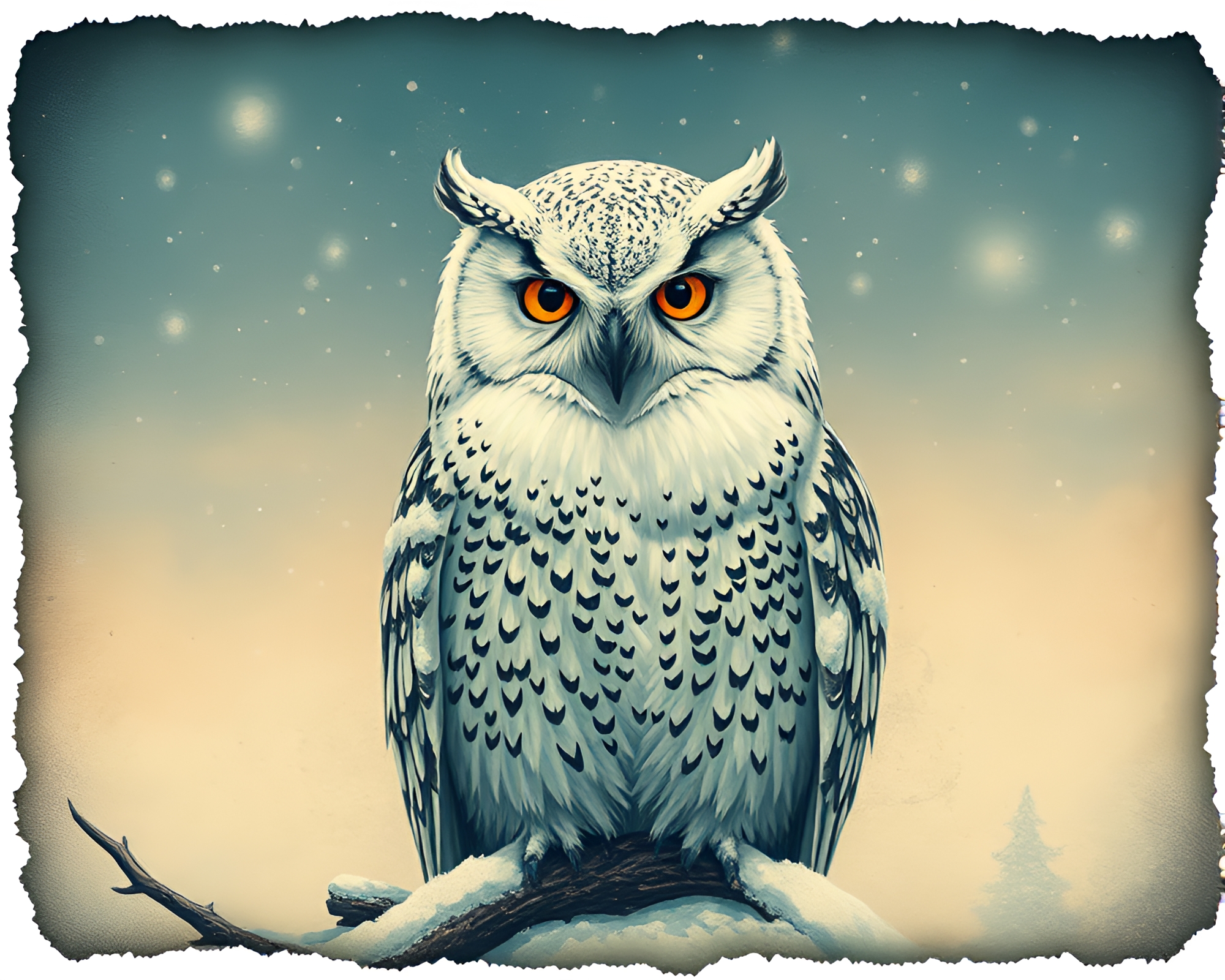 Enigmatic Snowy Owl in Torn Steampunk Illustration – free AI stock image