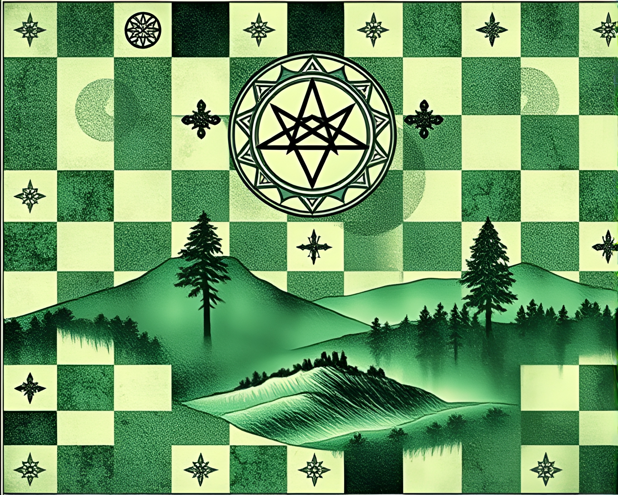 Emerald Alchemical Symbols in Landscape Checkered Etching – free AI stock image