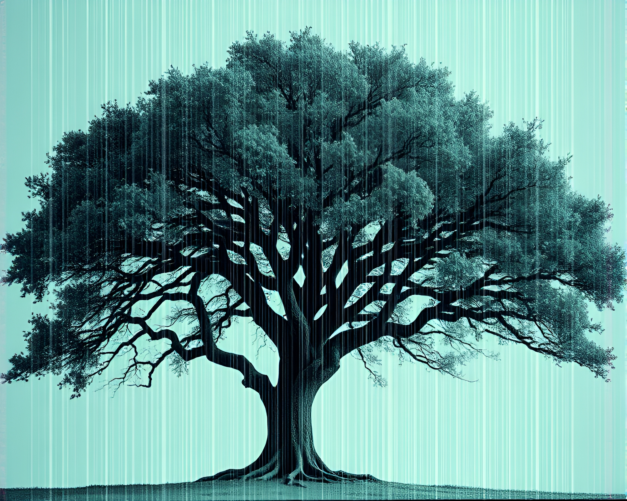 Ancient Tree in Glitchy Scan Lines: GAN Art – free AI stock image