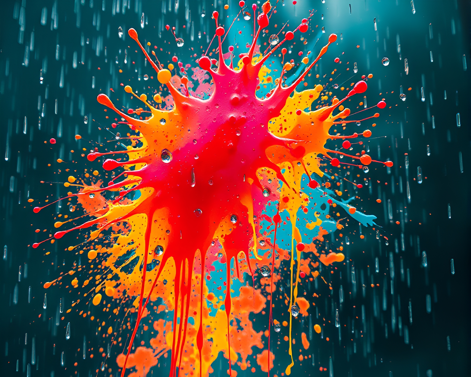 Rain Droplets Chimera: Anaglyph 3D Paint Splatter Art – free AI stock image