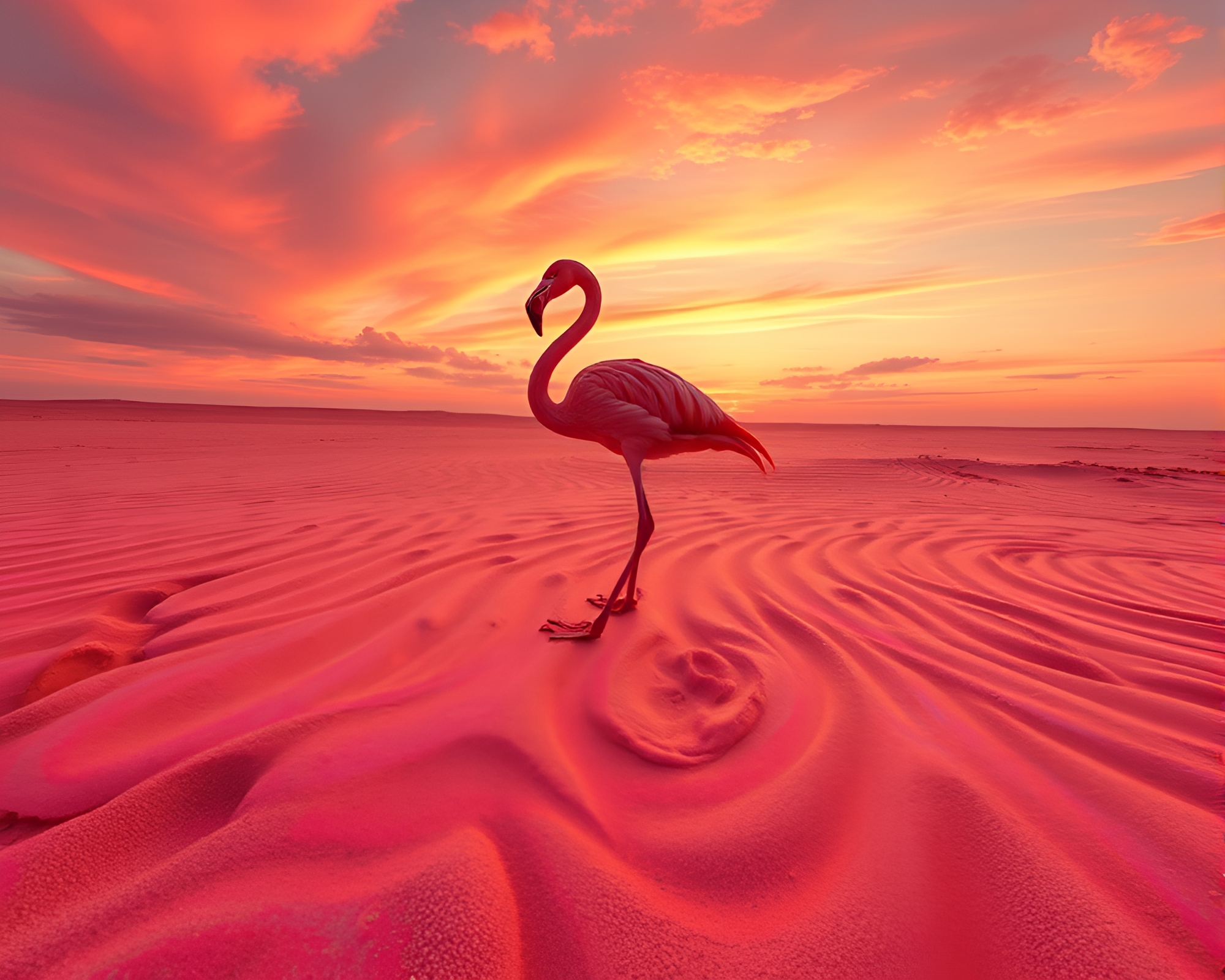 Sandy Flamingo Twilight: Photorealistic Sunset Oasis – free AI stock image