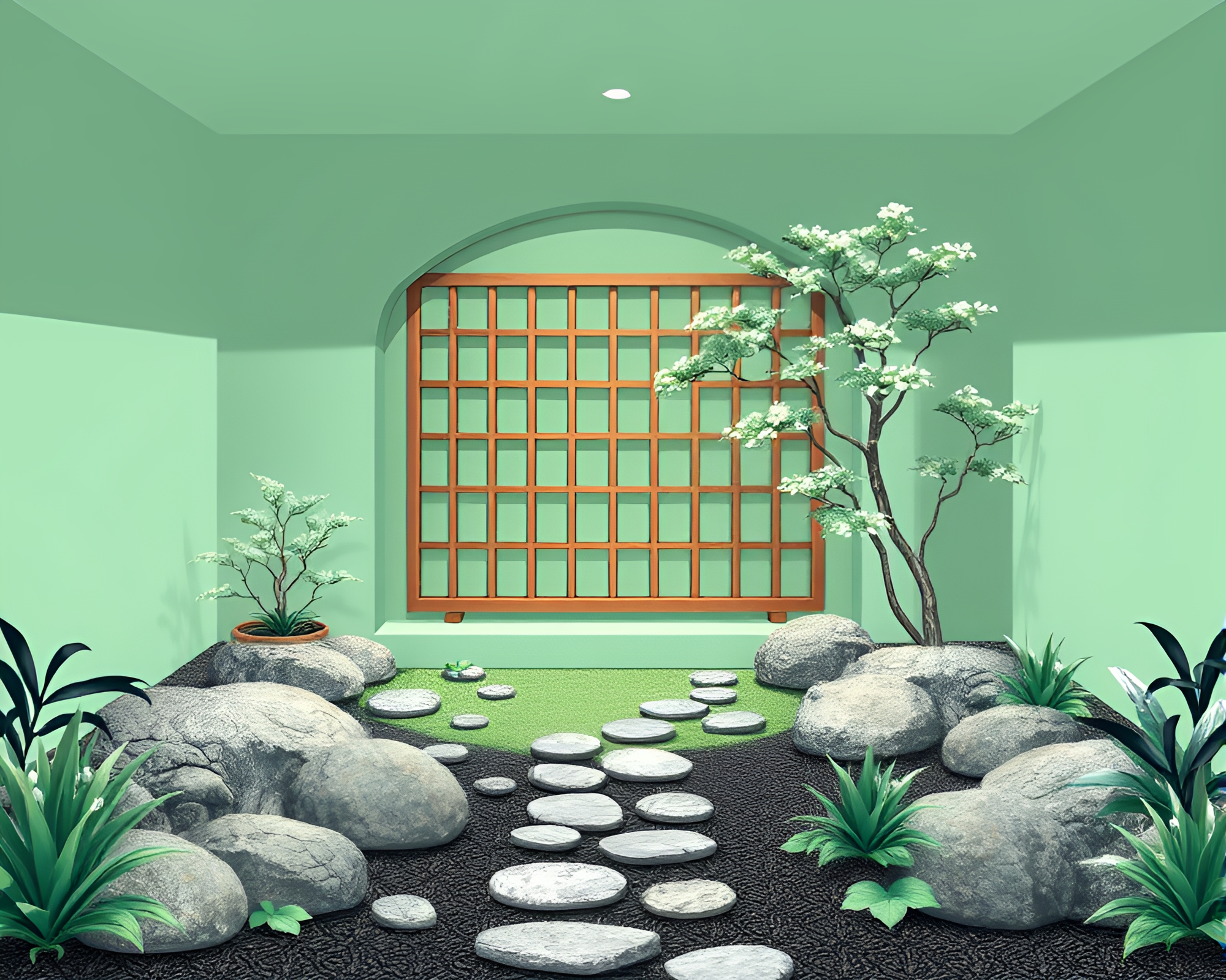 Tranquil Zen Garden Escape with Silver Leaf Accents – free AI stock image