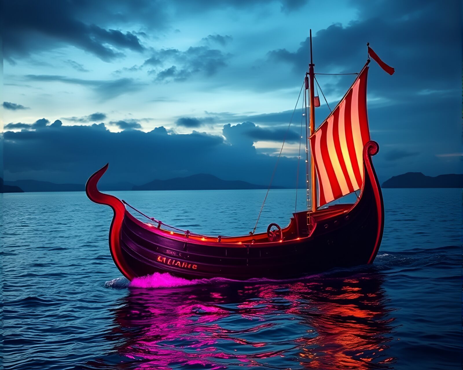 Colorful Viking longboat on calm waters with soft lighting