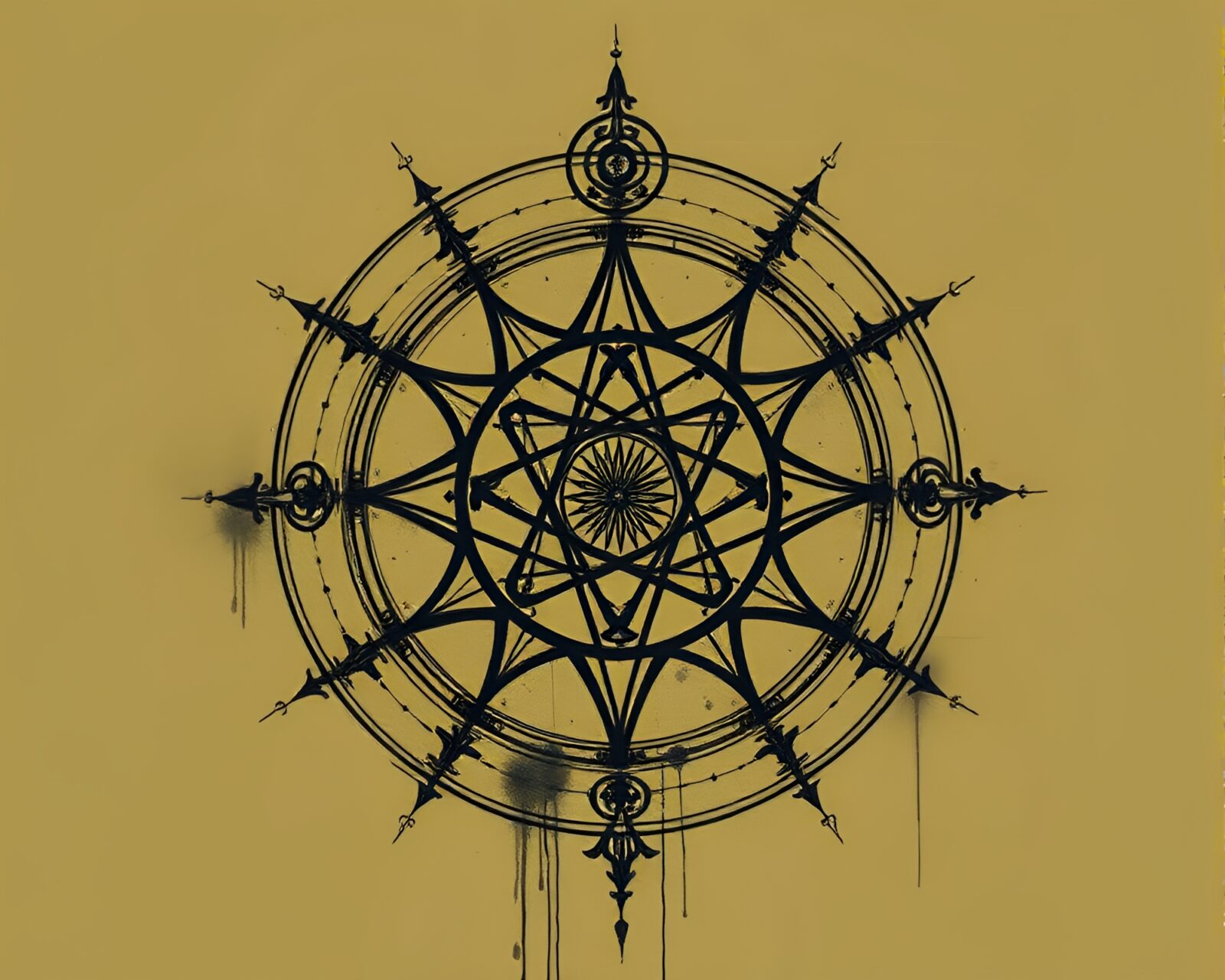 Detailed charcoal sketch of intricate alchemical symbols in olive drab.