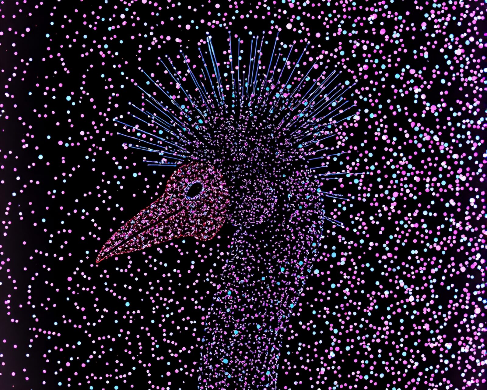 Vibrant retro-styled metallic ostrich in dot matrix form