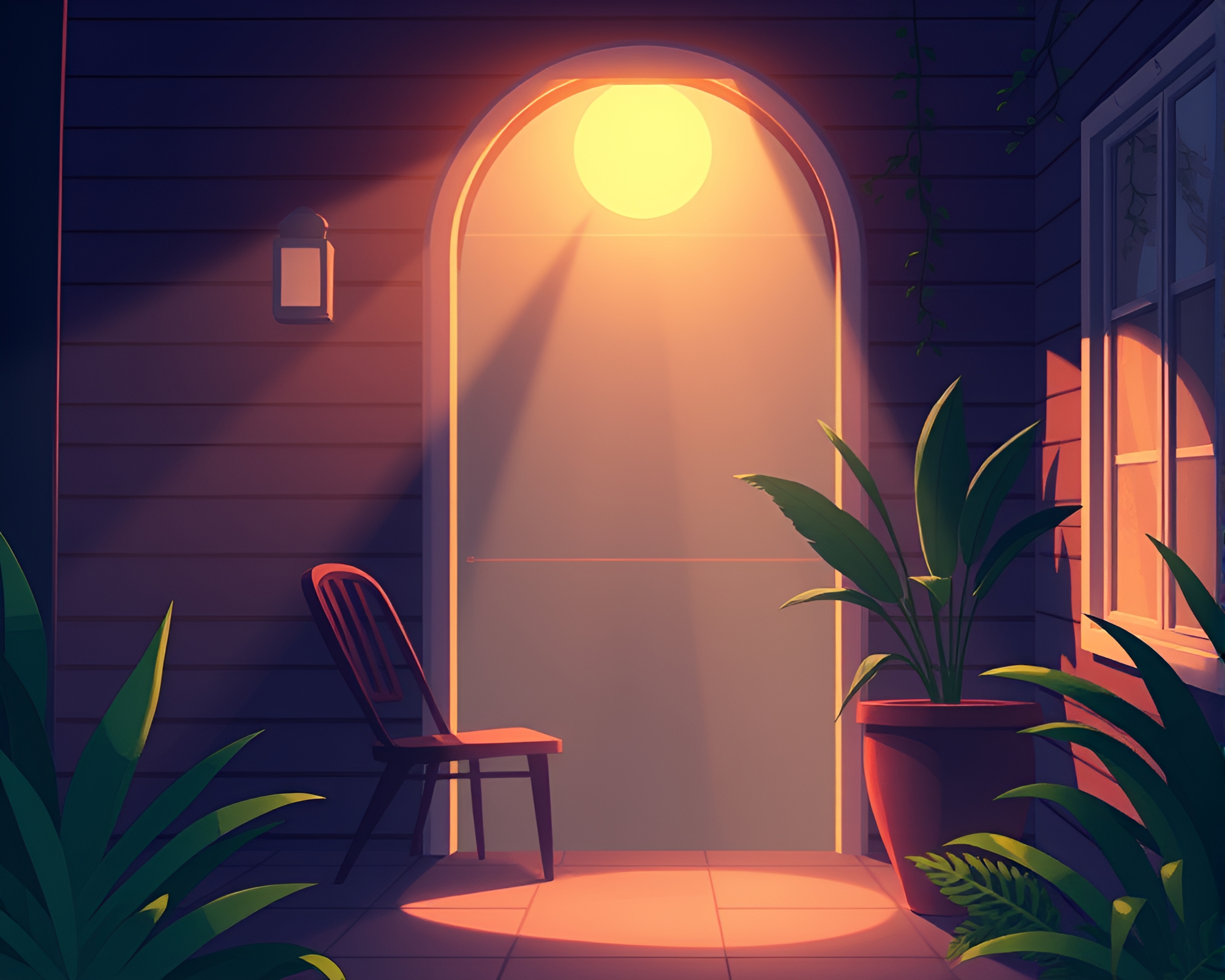 Flamingo Cartoon Under Porch Light with Light Leaks – free AI stock image