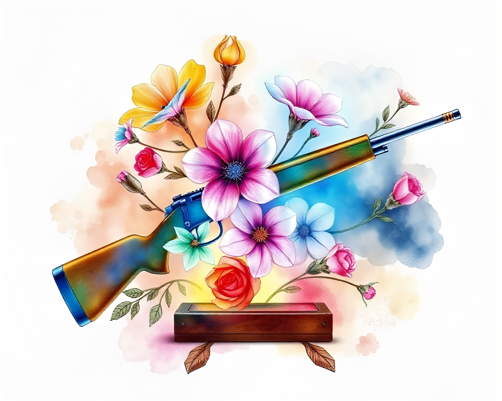 Watercolor Blooms in Engraved Plasma Rifle Library – free AI stock image