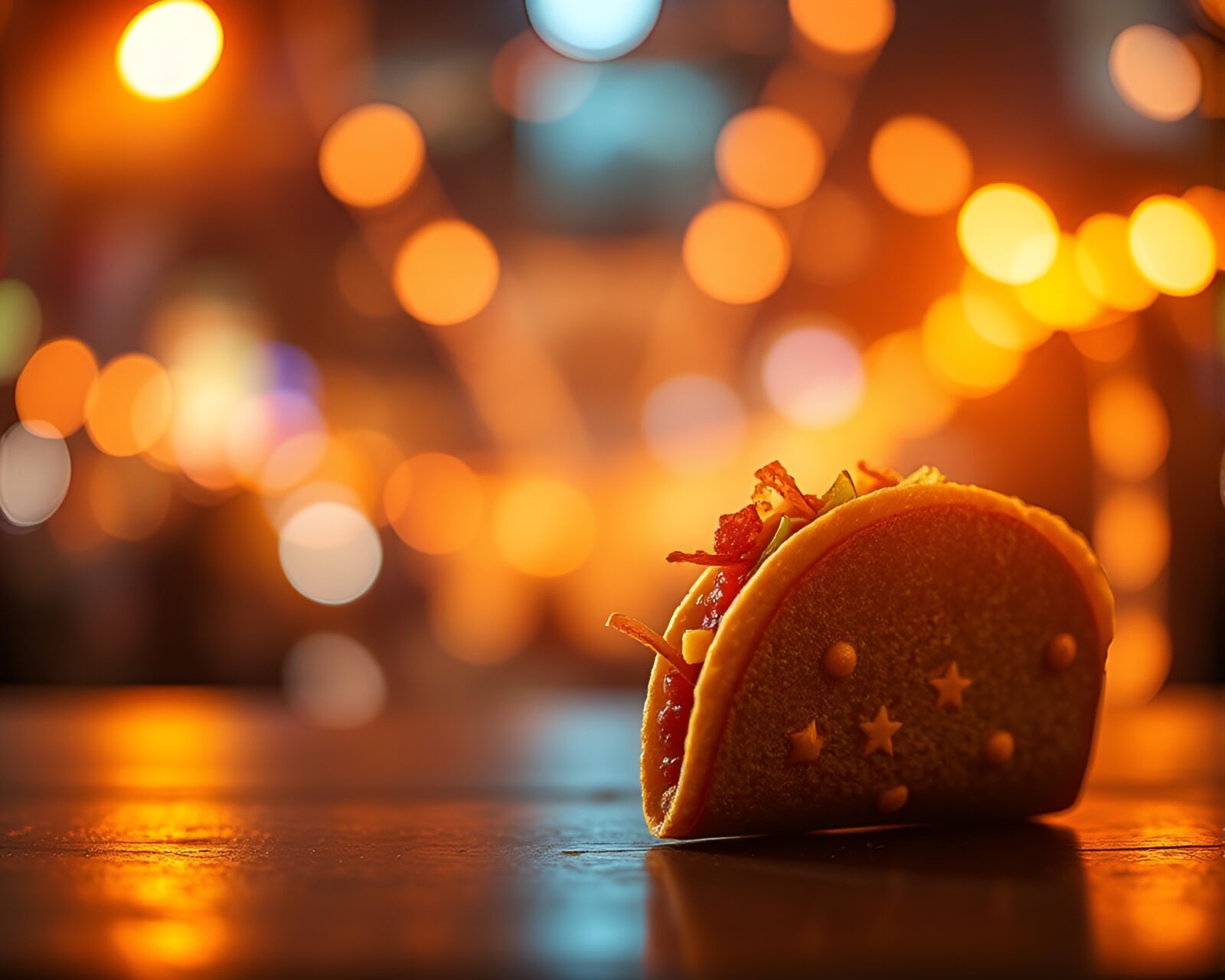 Futuristic taco stand surrounded by glowing bokeh lights