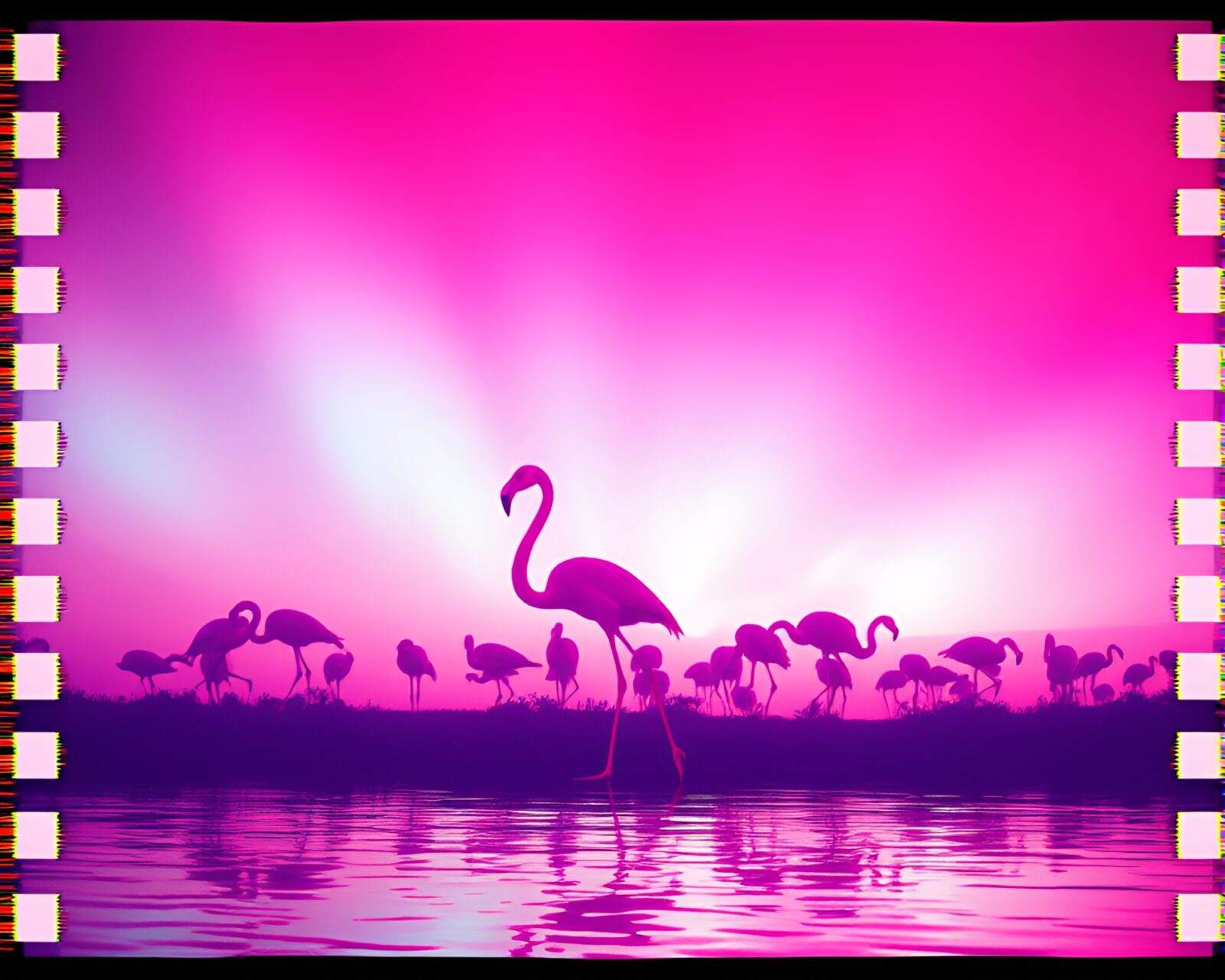 Abstract image of glitched flamingo in colorful aurora lighting