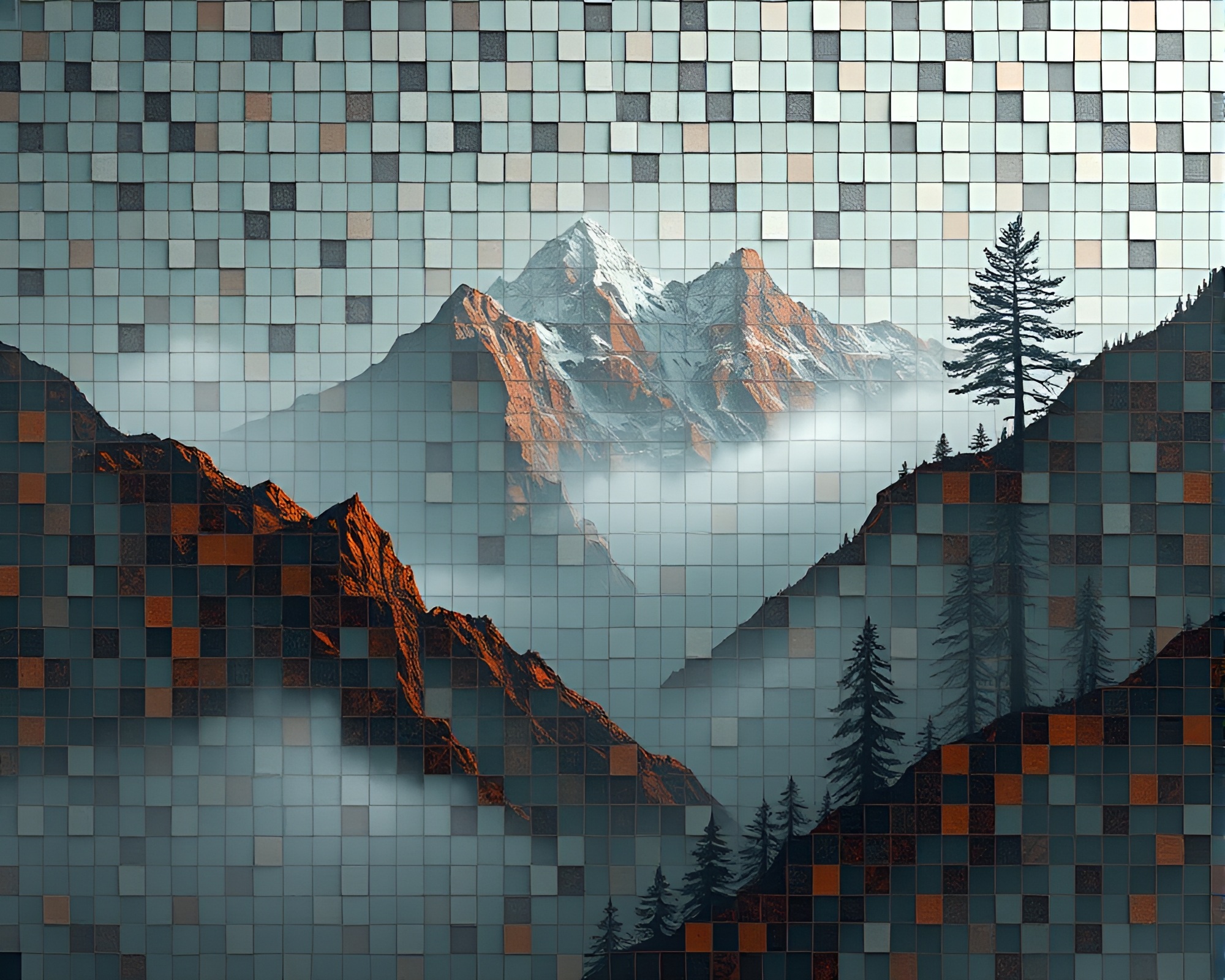 Mist-Shrouded Mountain Temple Mosaic Concept Art – free AI stock image