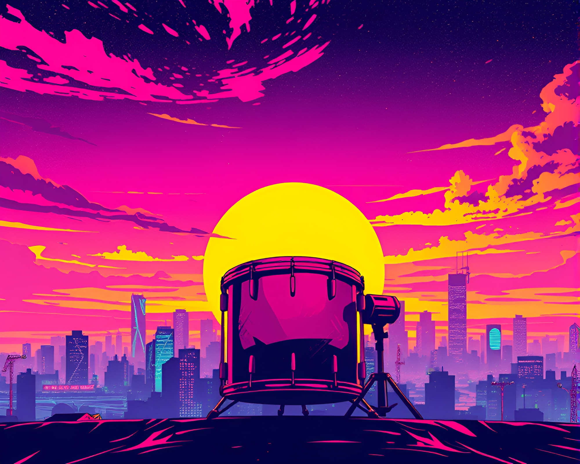 Vibrant Cyberpunk Sunset Drummer Skyline Illustration – free AI stock image