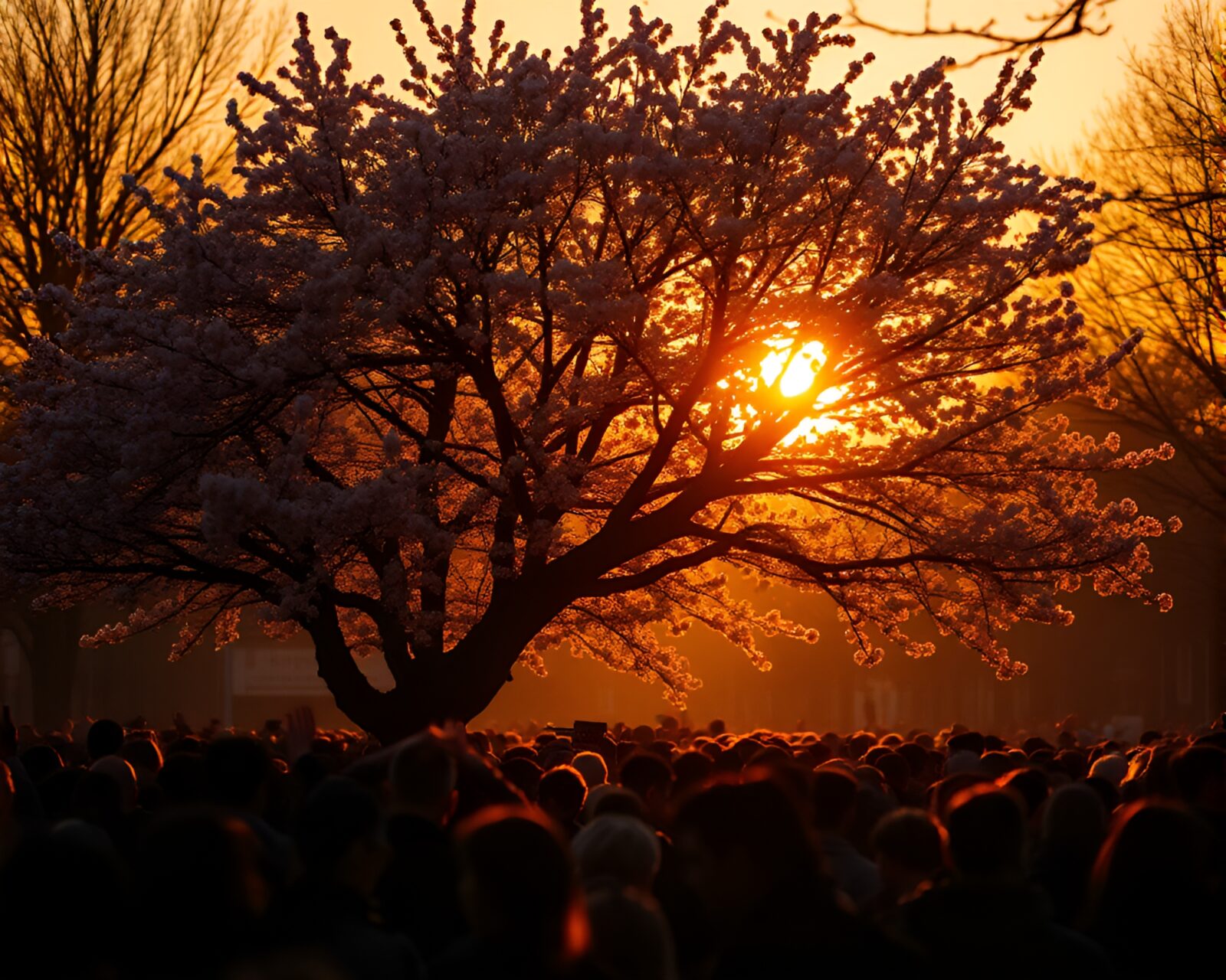 Silhouettes of people under cherry blossoms in golden light