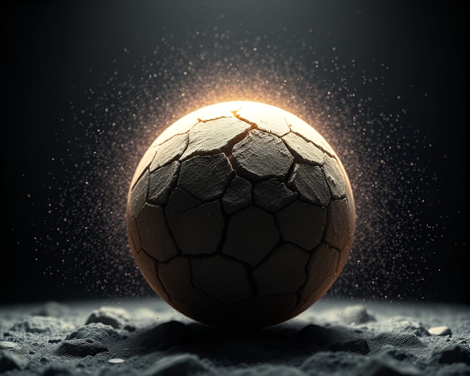 Dusty light particles swirling around cracked earth crown sculpture
